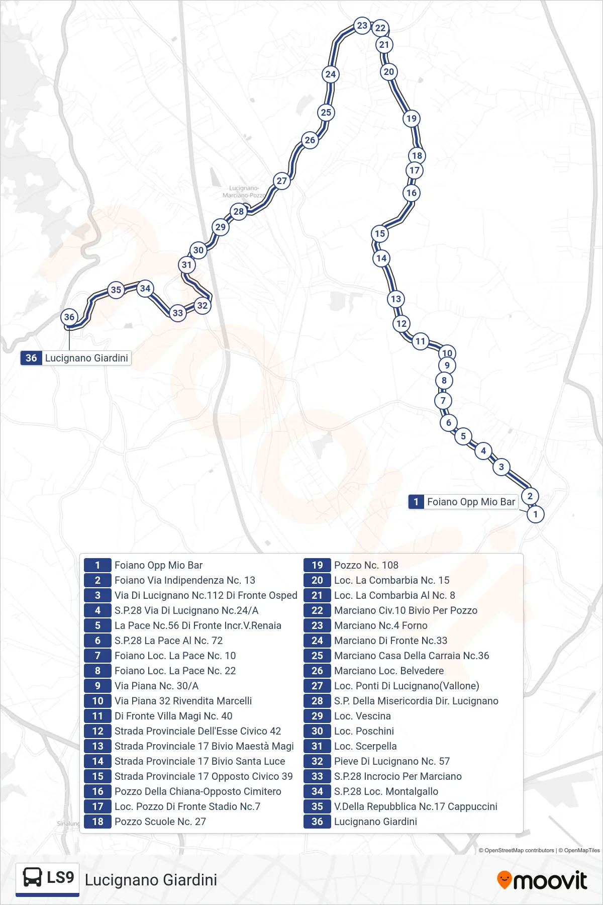 Linea LS9 tram (Lucignano Giardini) - Percorsi e fermate sulla mappa