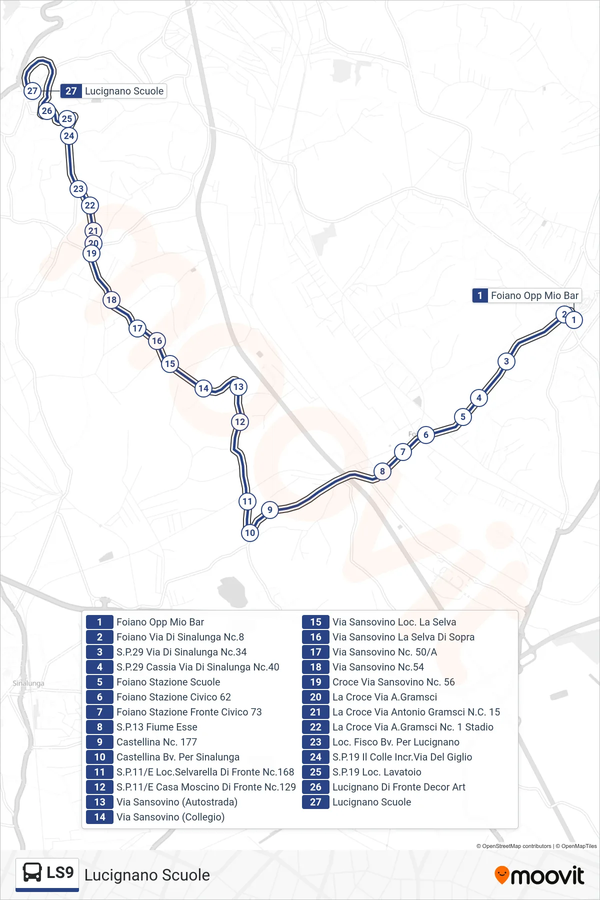 Linea LS9 tram (Lucignano Scuole) - Percorsi e fermate sulla mappa