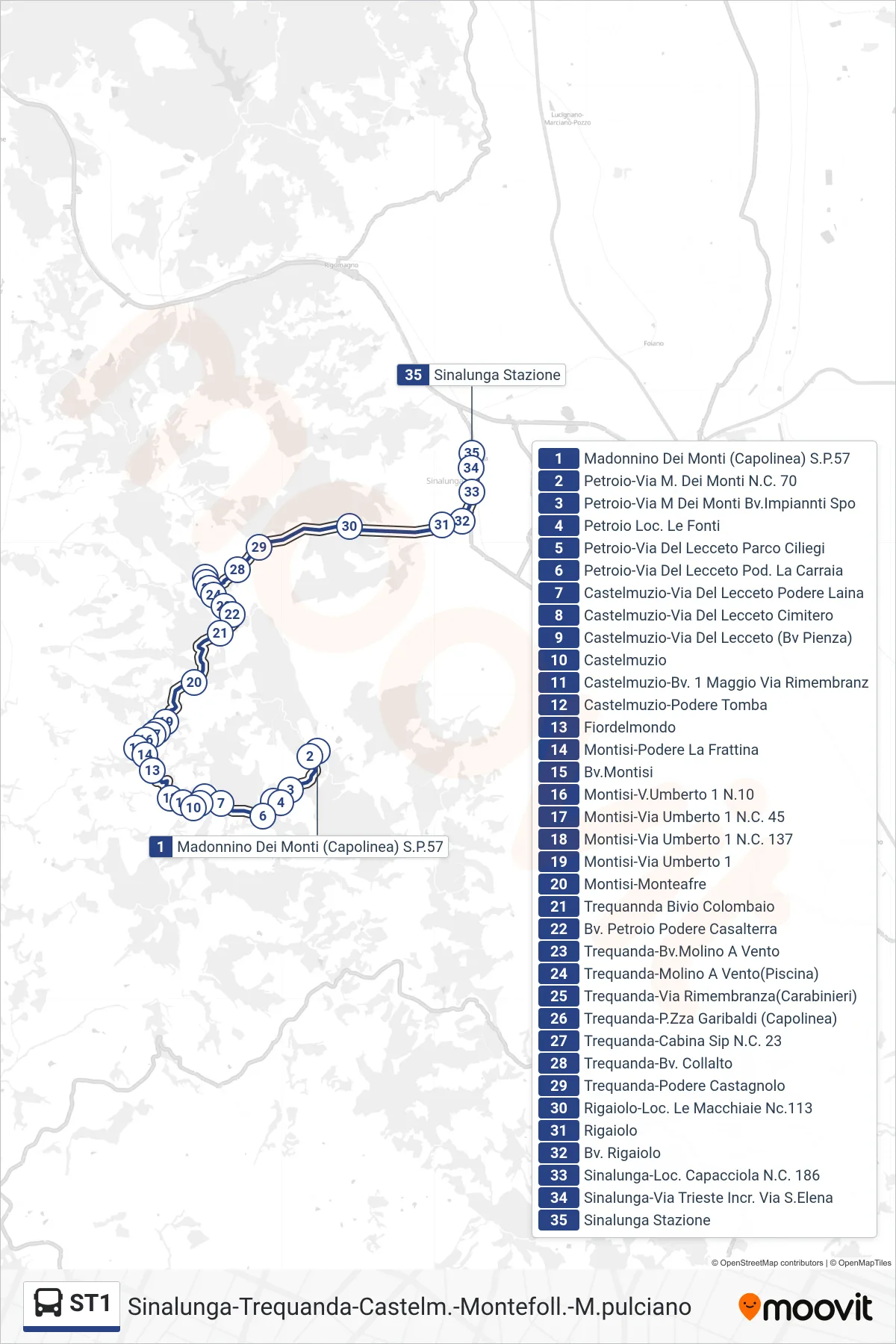 Linea ST1 tram (Sinalunga Stazione) - Percorsi e fermate sulla mappa