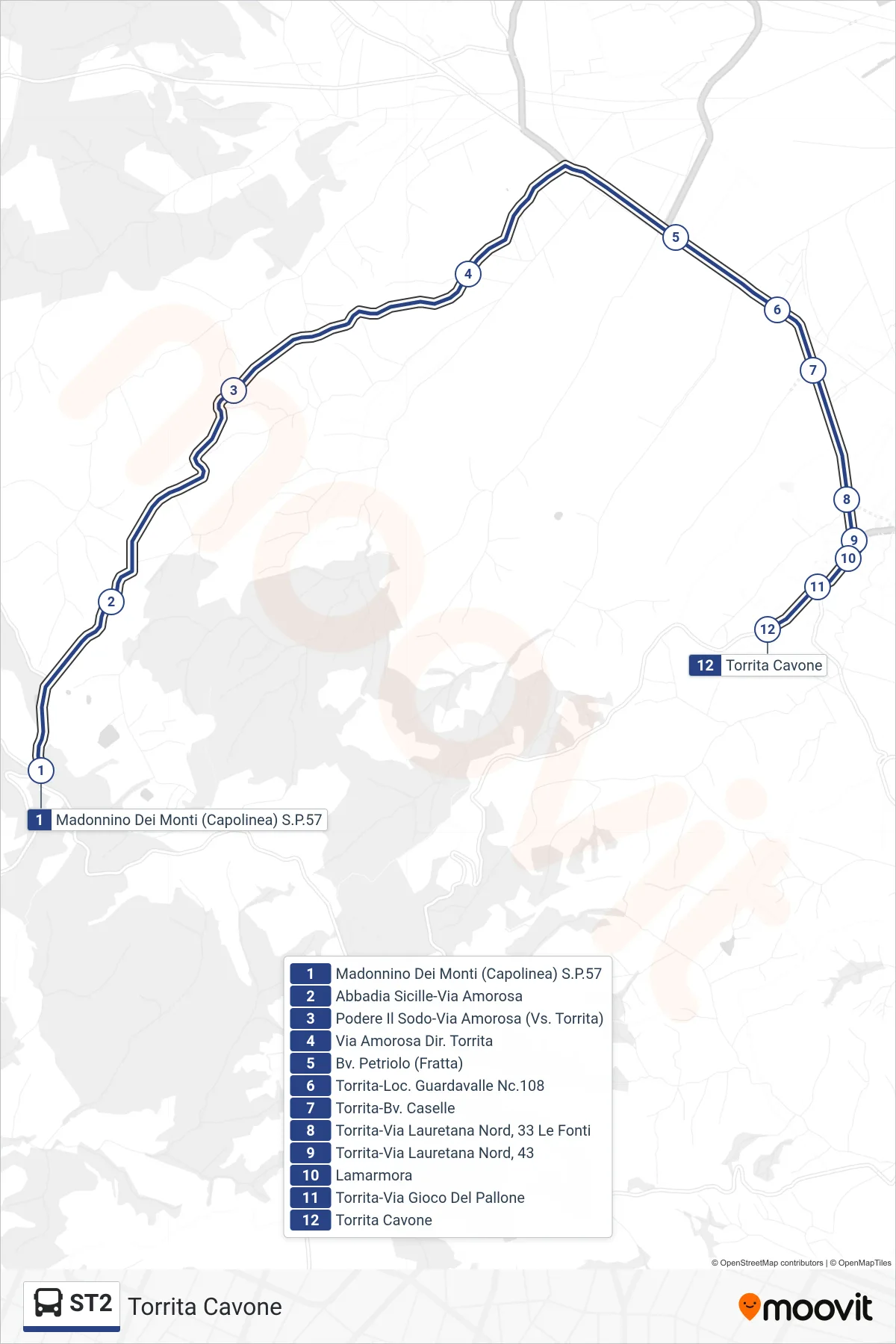 Linea ST2  tram (Torrita Cavone) - Percorsi e fermate sulla mappa