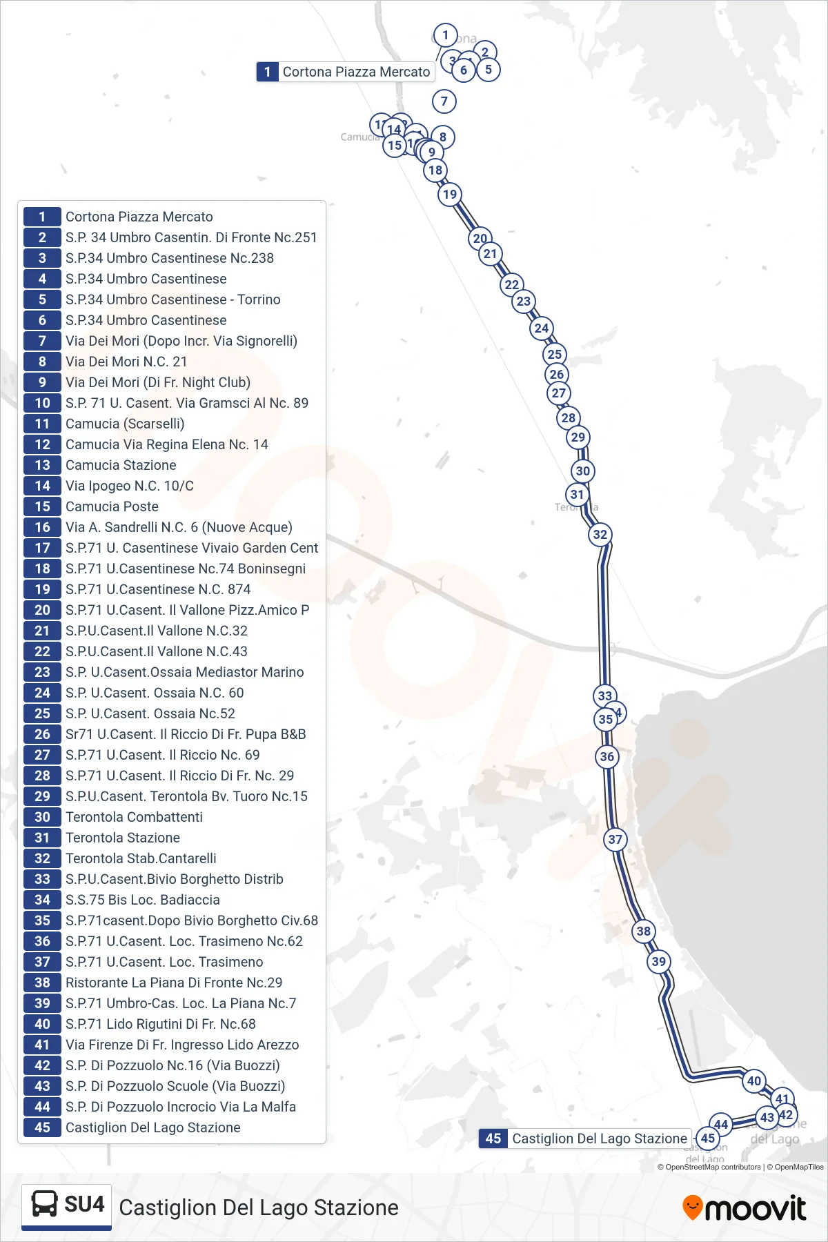 Linea SU4 tram (Castiglion Del Lago Stazione) - Percorsi e fermate sulla mappa