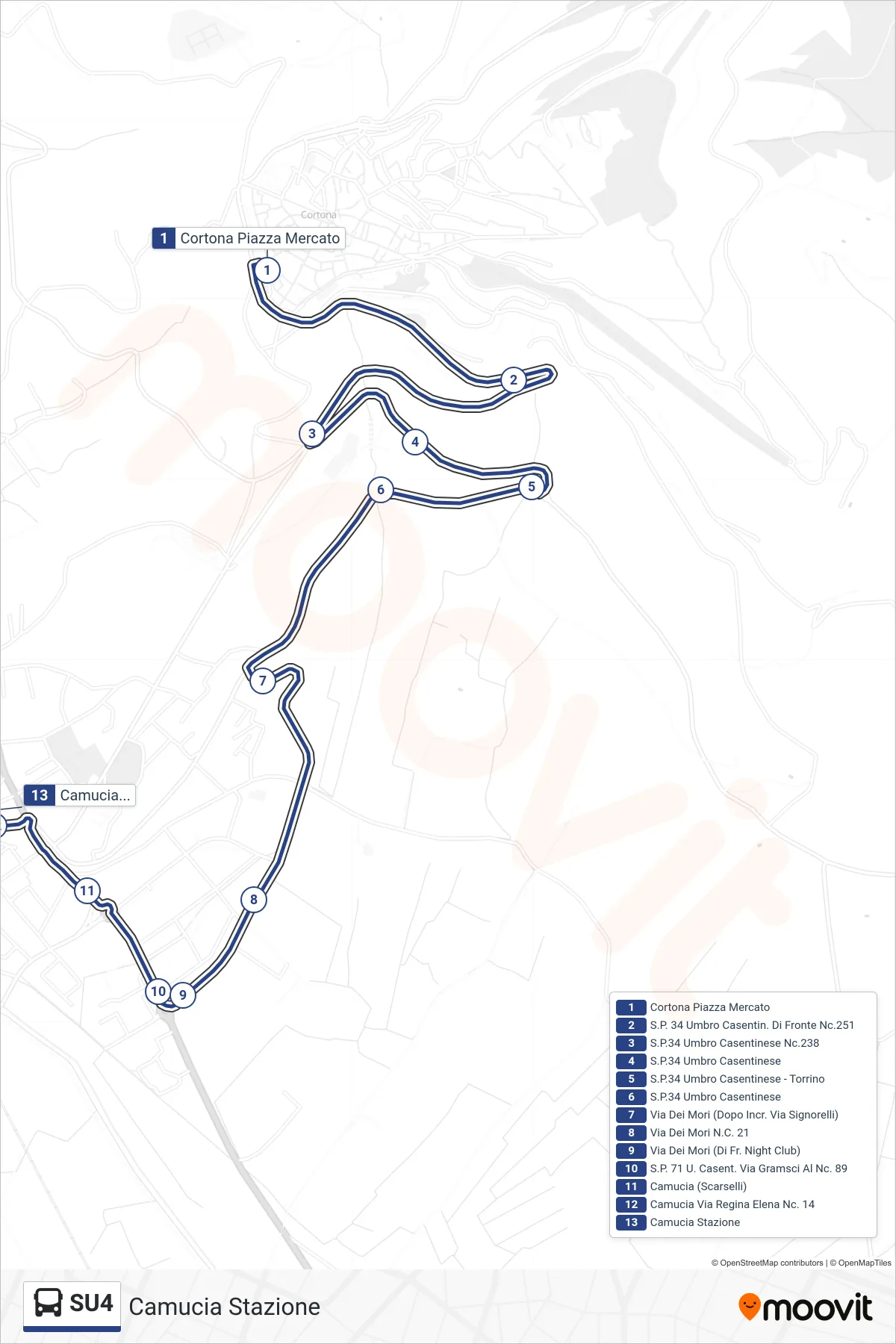 Linea SU4 tram (Camucia Stazione) - Percorsi e fermate sulla mappa