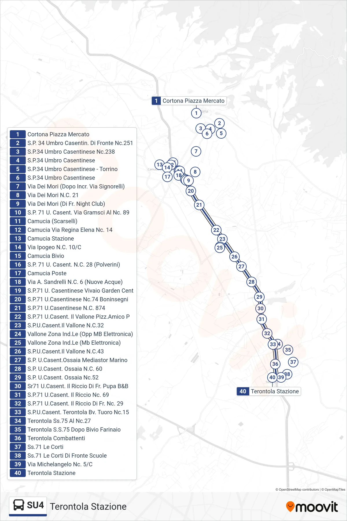 Linea SU4 tram (Terontola Stazione) - Percorsi e fermate sulla mappa