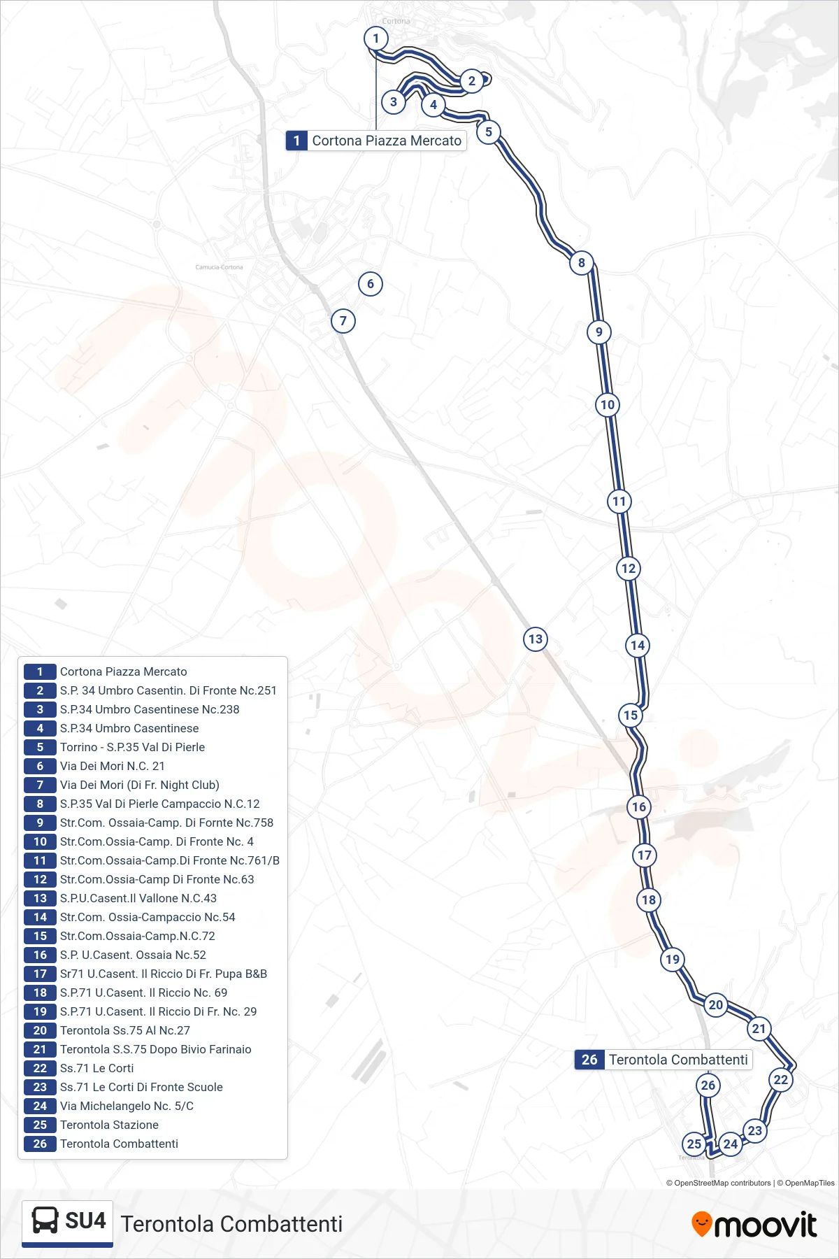 Linea SU4 tram (Terontola Combattenti) - Percorsi e fermate sulla mappa