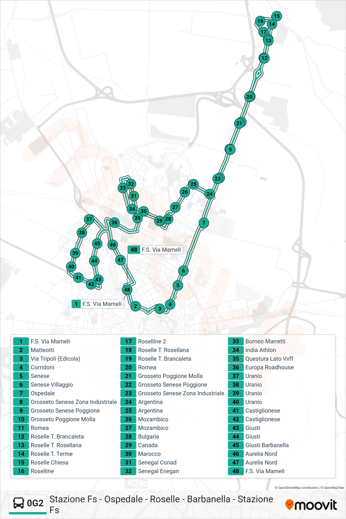 Linea 0G2 bus (F.S. Via Mameli) - Percorsi e fermate sulla mappa