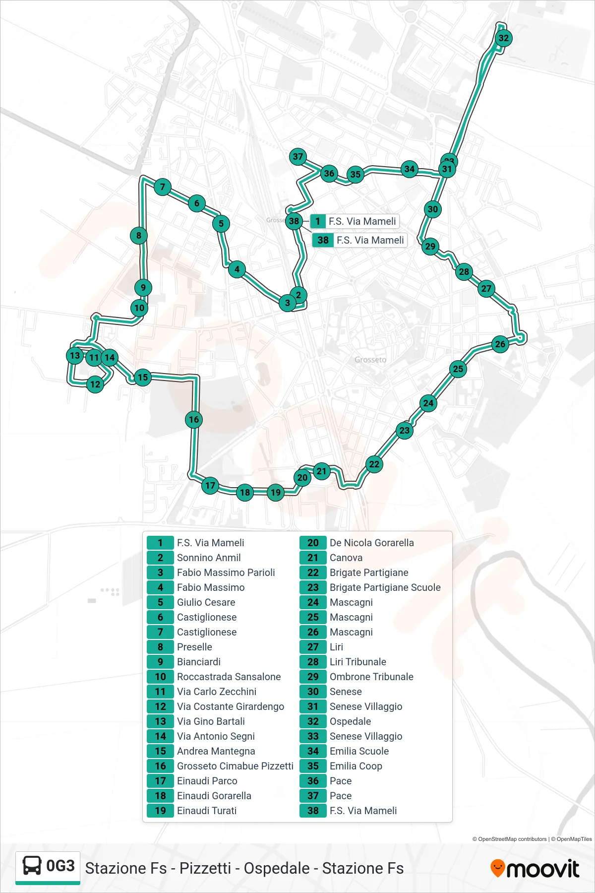 Linea 0G3 bus (F.S. Via Mameli) - Percorsi e fermate sulla mappa