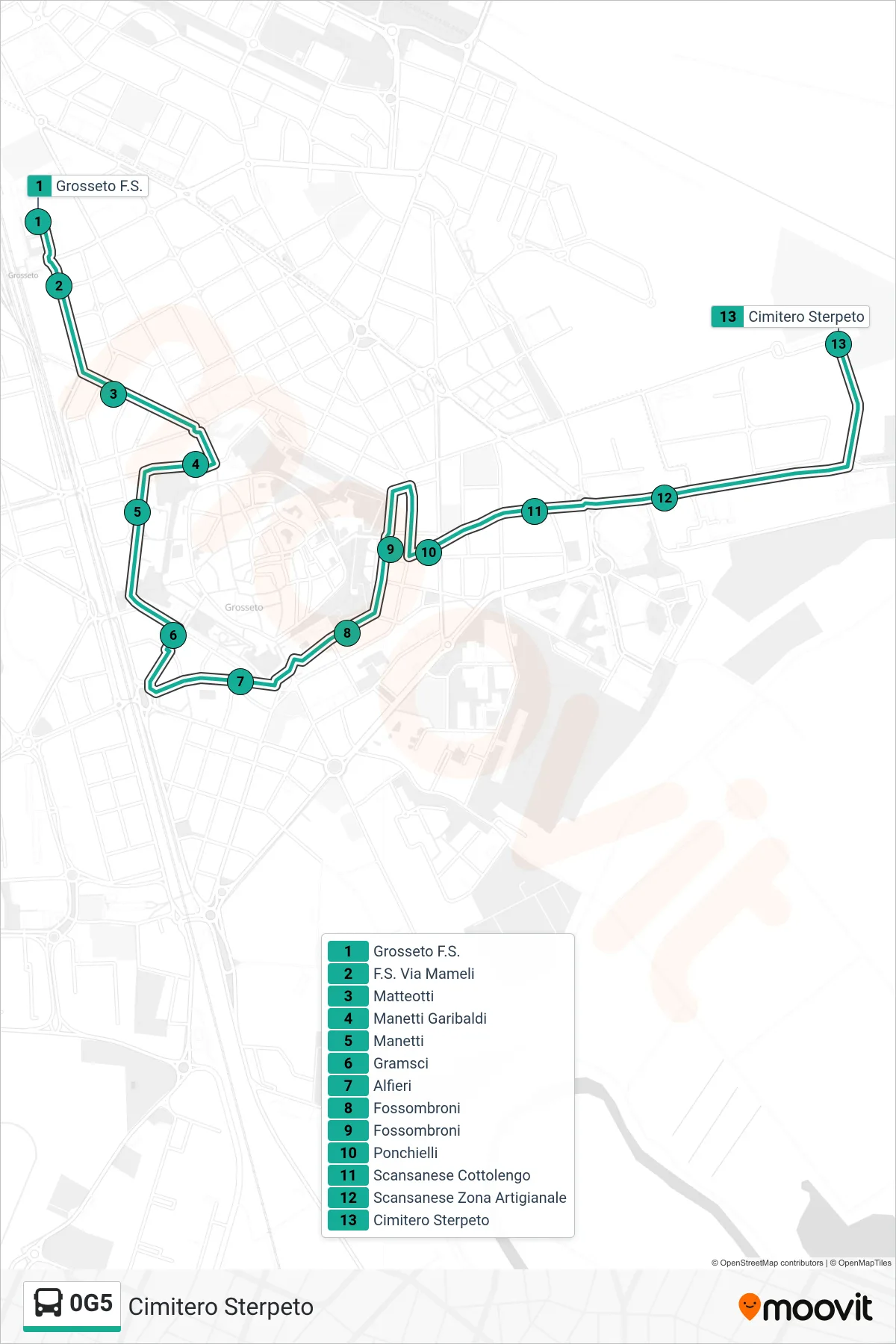 Linea 0G5  bus (Cimitero Sterpeto) - Percorsi e fermate sulla mappa