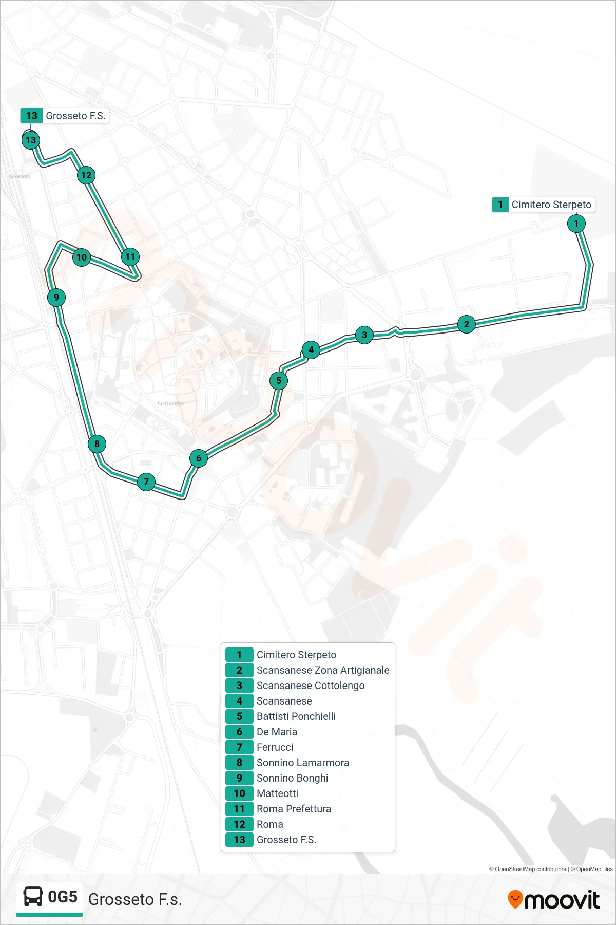 Linea 0G5  bus (Grosseto F.s.) - Percorsi e fermate sulla mappa