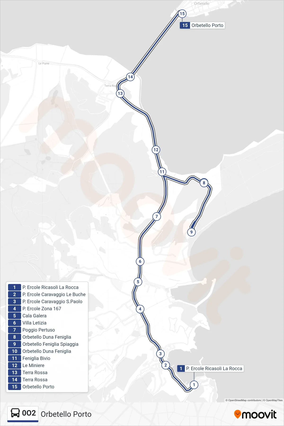 Linea 0O2 bus (Orbetello Porto) - Percorsi e fermate sulla mappa