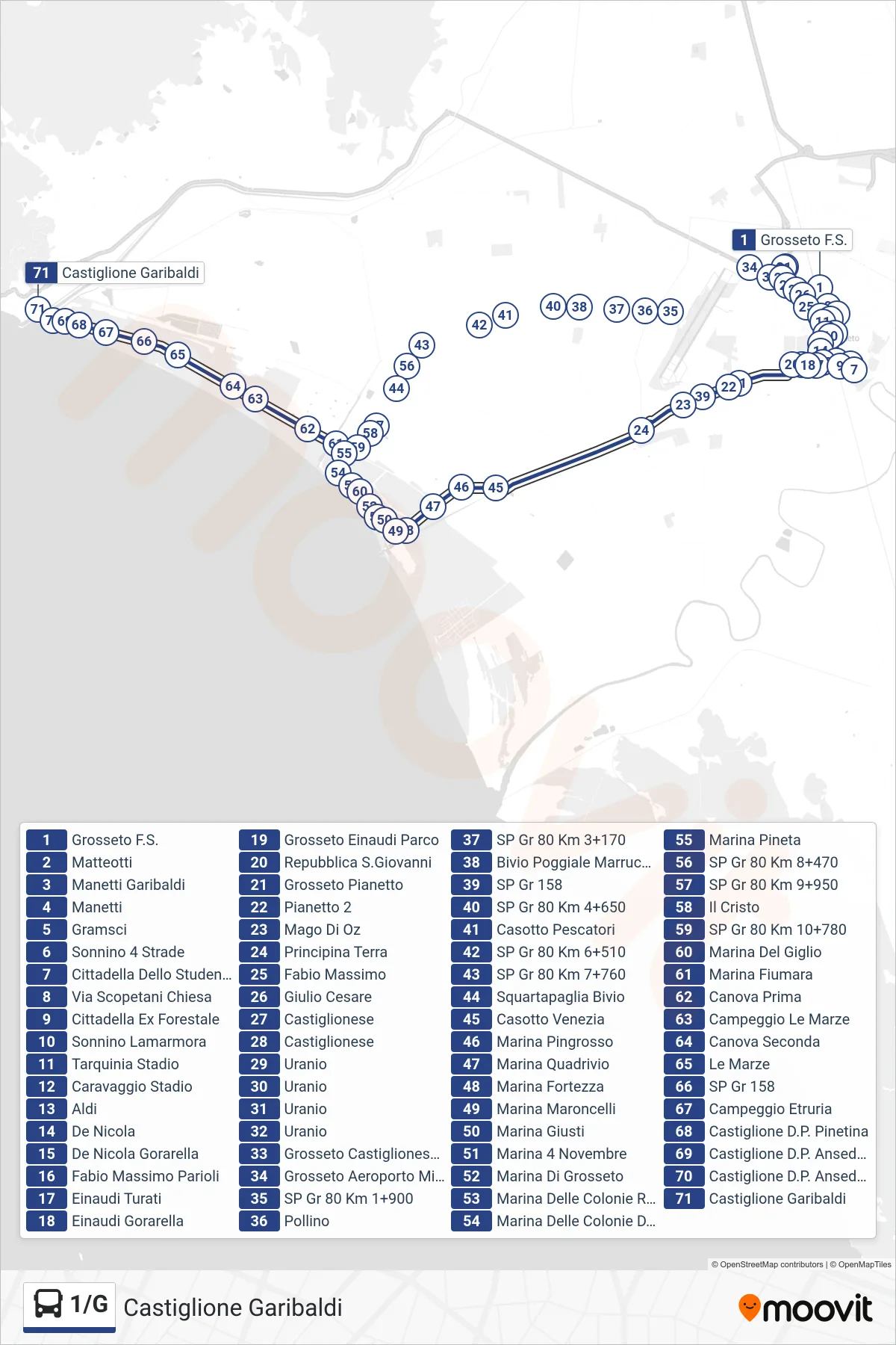 Linea 1/G bus (Castiglione Garibaldi) - Percorsi e fermate sulla mappa