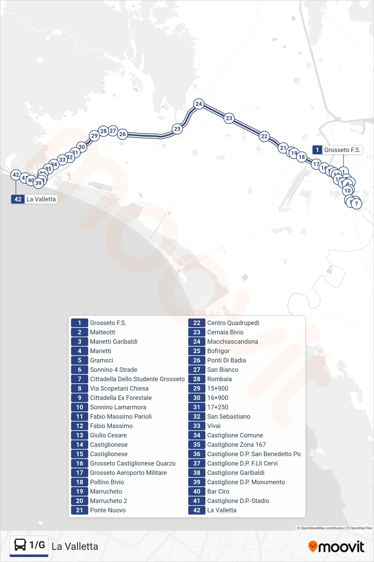 Linea 1/G bus (La Valletta) - Percorsi e fermate sulla mappa