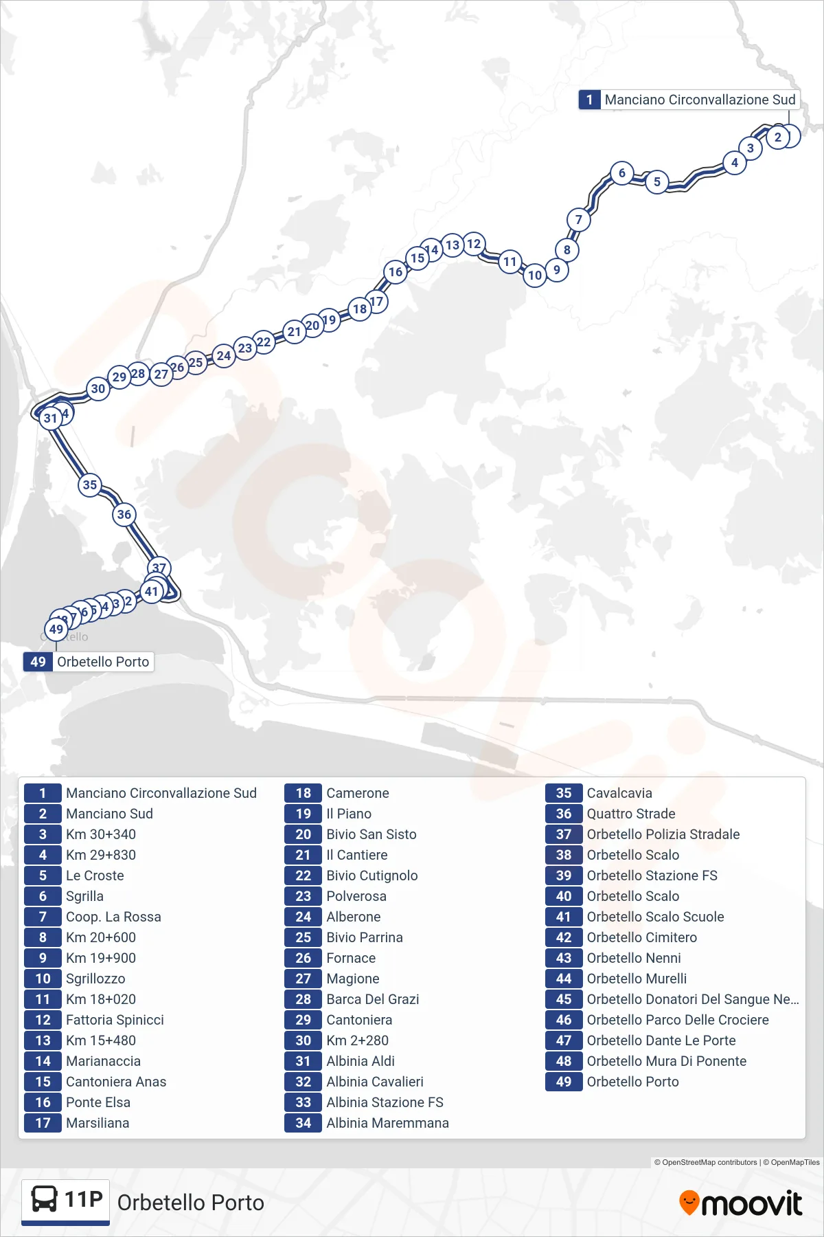 Linea 11P bus (Orbetello Porto) - Percorsi e fermate sulla mappa
