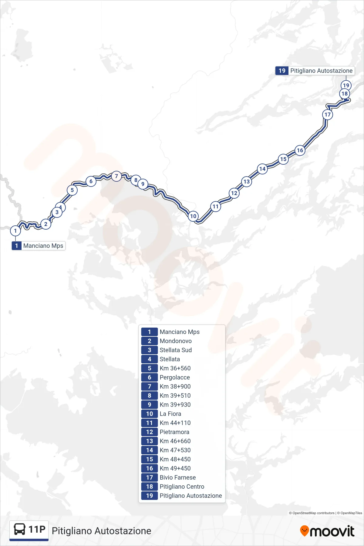 Linea 11P bus (Pitigliano Autostazione) - Percorsi e fermate sulla mappa
