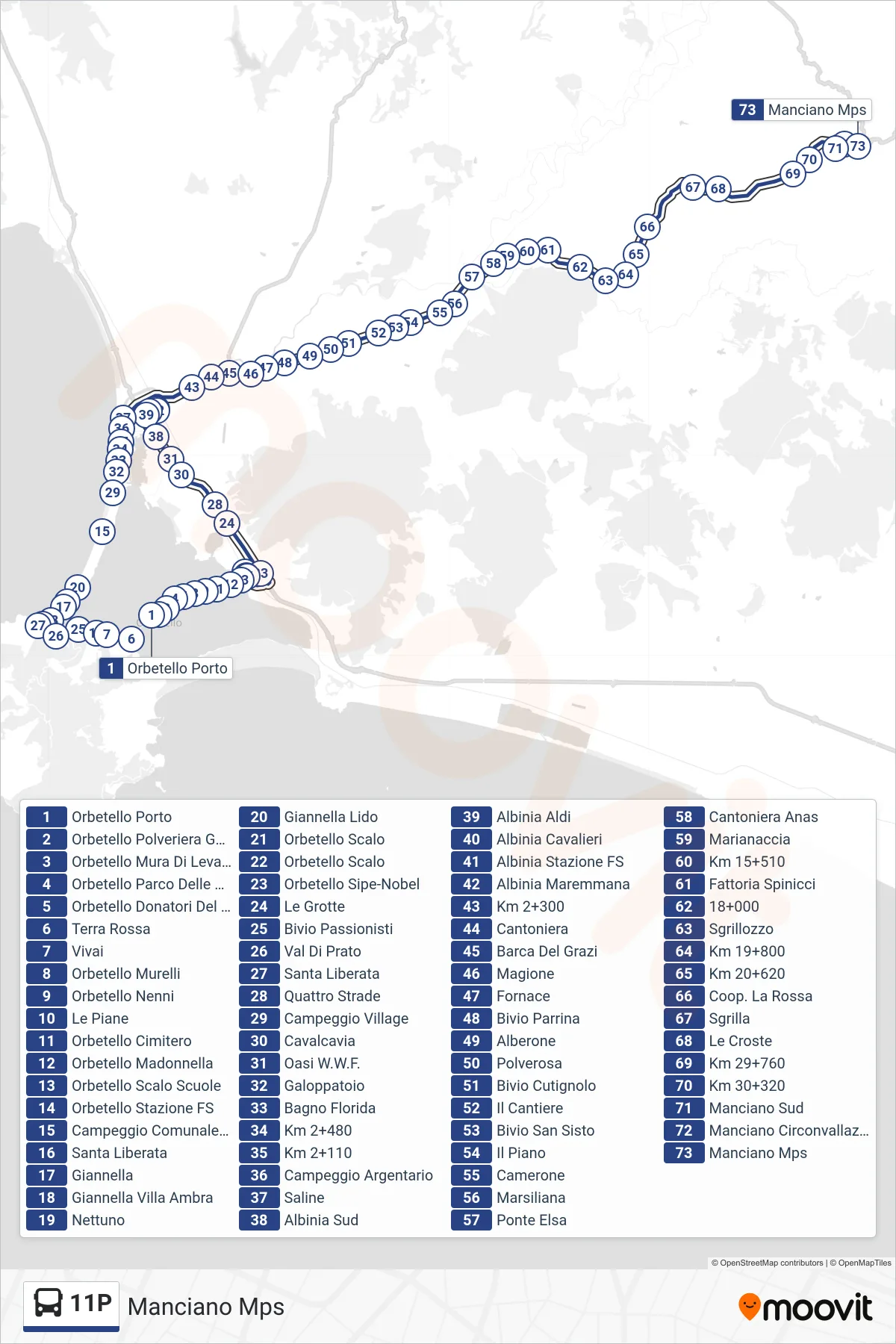 Linea 11P bus (Manciano Mps) - Percorsi e fermate sulla mappa