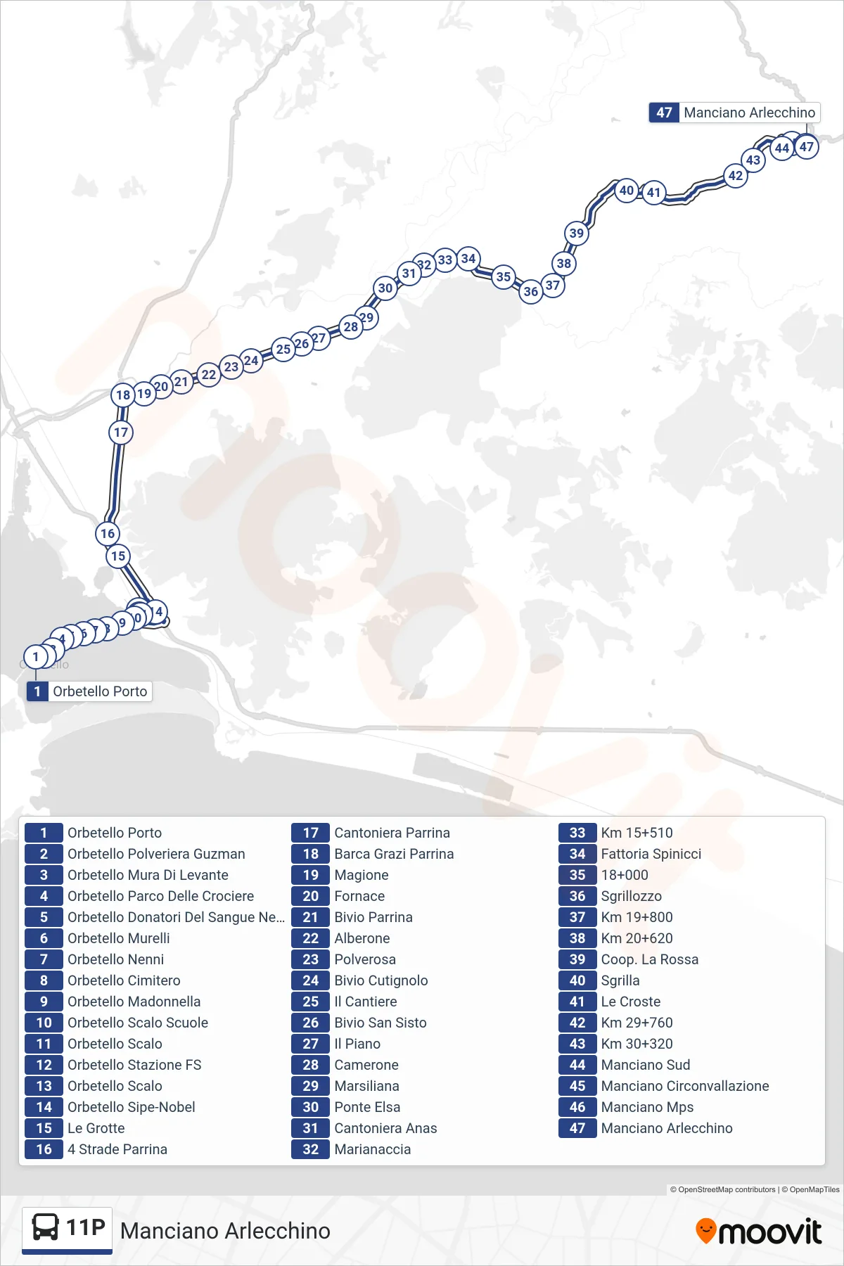 Linea 11P bus (Manciano Arlecchino) - Percorsi e fermate sulla mappa