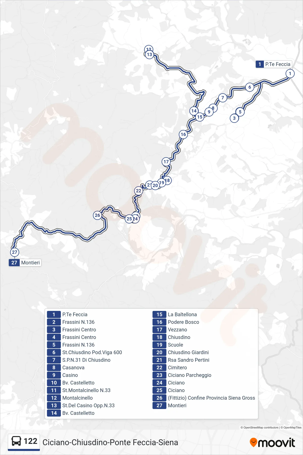 Linea 122 bus (Montieri) - Percorsi e fermate sulla mappa