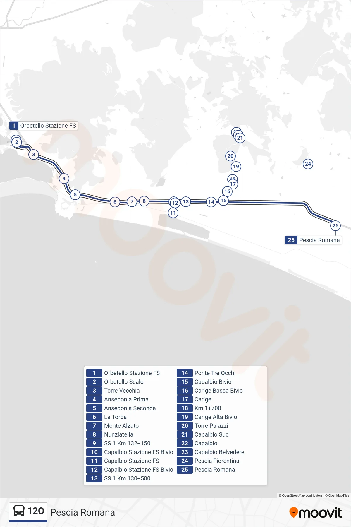 Linea 12O bus (Pescia Romana) - Percorsi e fermate sulla mappa