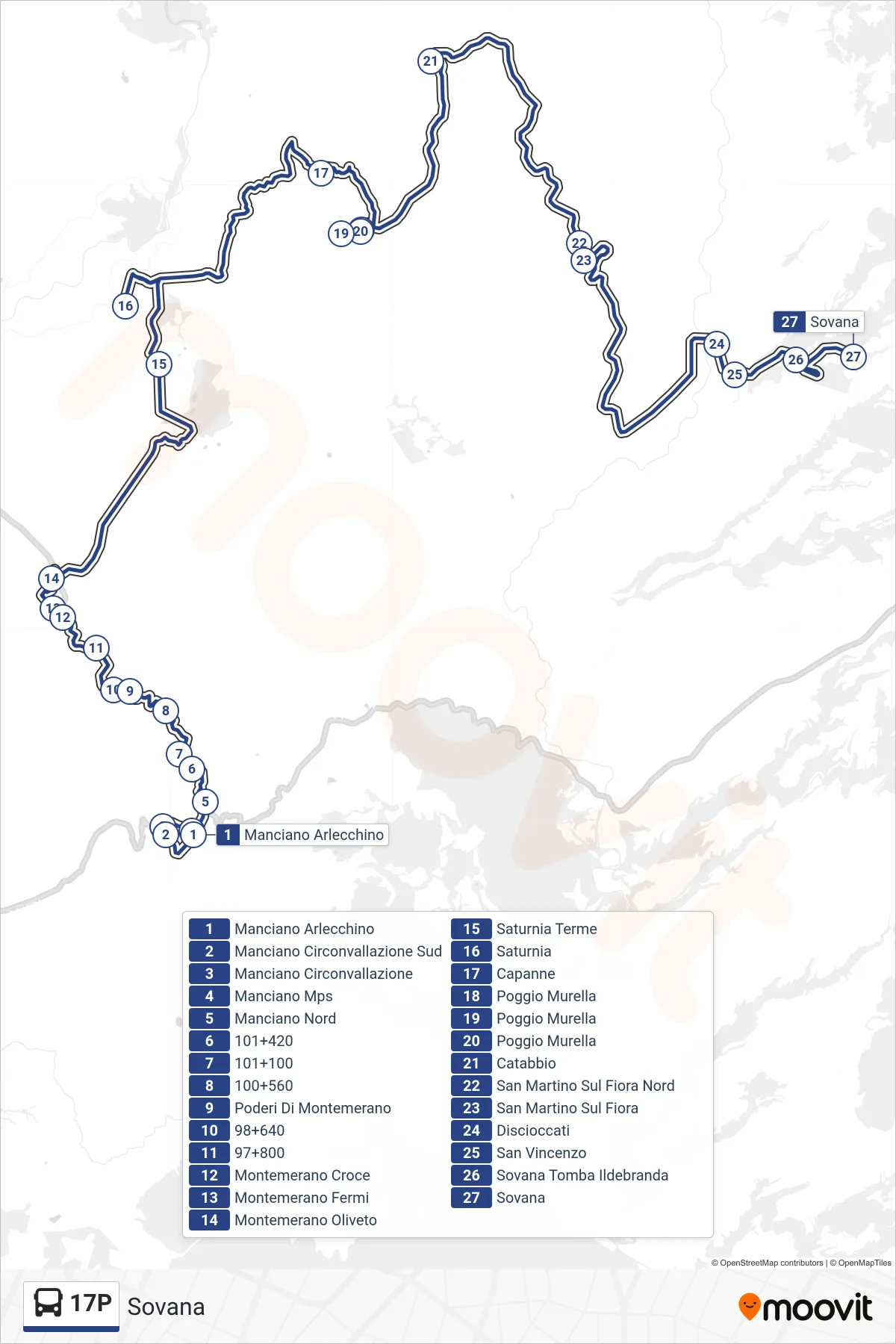 Linea 17P  bus (Sovana) - Percorsi e fermate sulla mappa