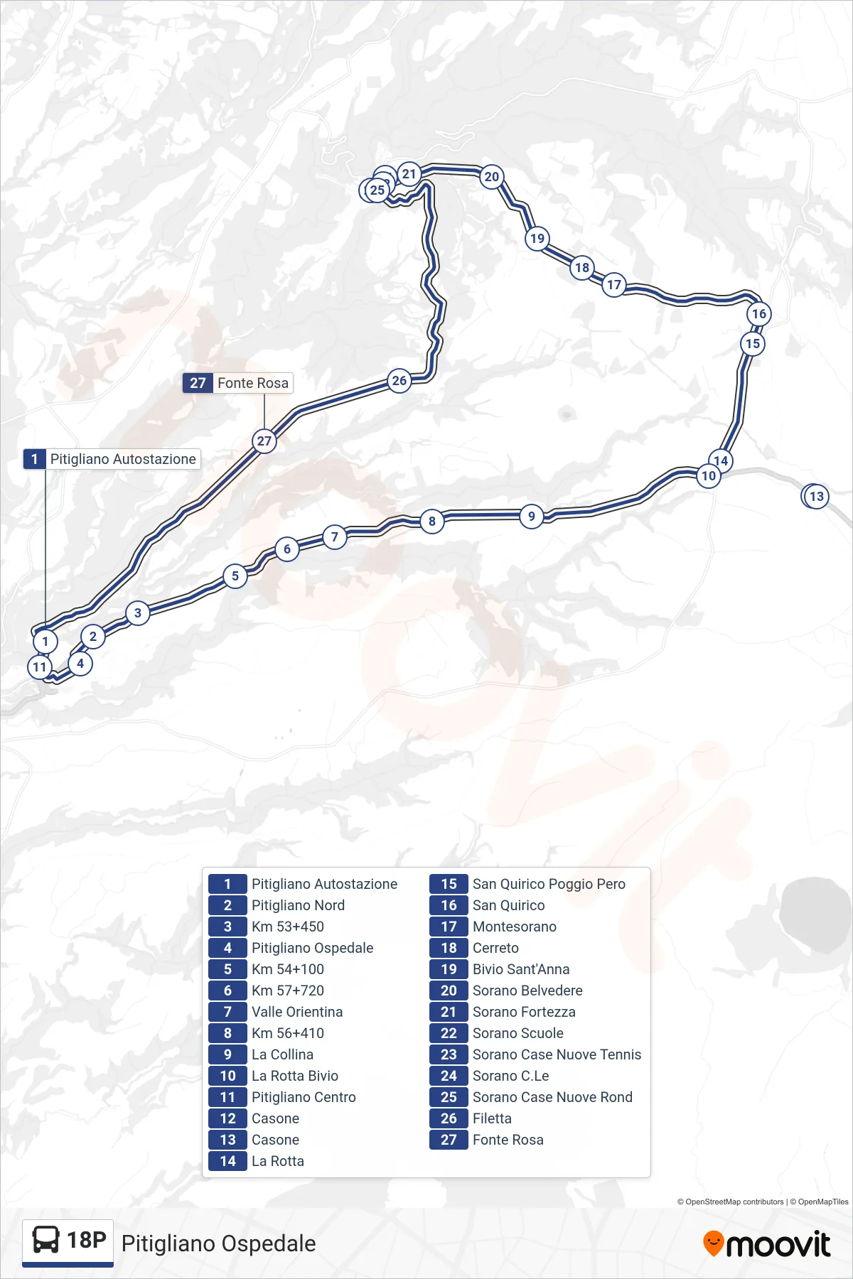 Linea 18P  bus (Pitigliano Ospedale) - Percorsi e fermate sulla mappa