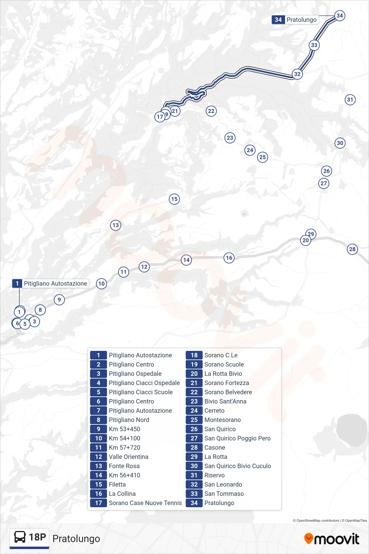 Linea 18P  bus (Pratolungo) - Percorsi e fermate sulla mappa