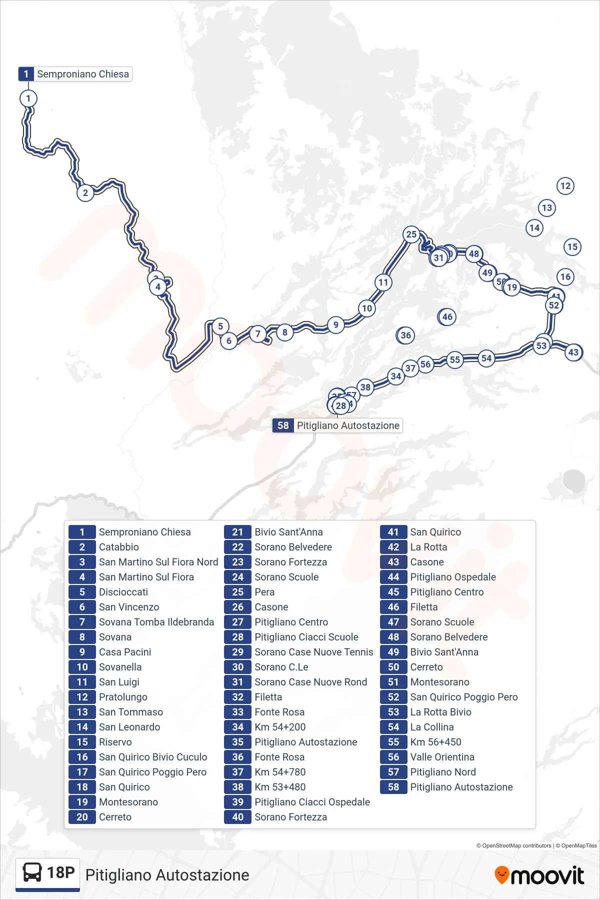 Linea 18P bus (Pitigliano Autostazione) - Percorsi e fermate sulla mappa
