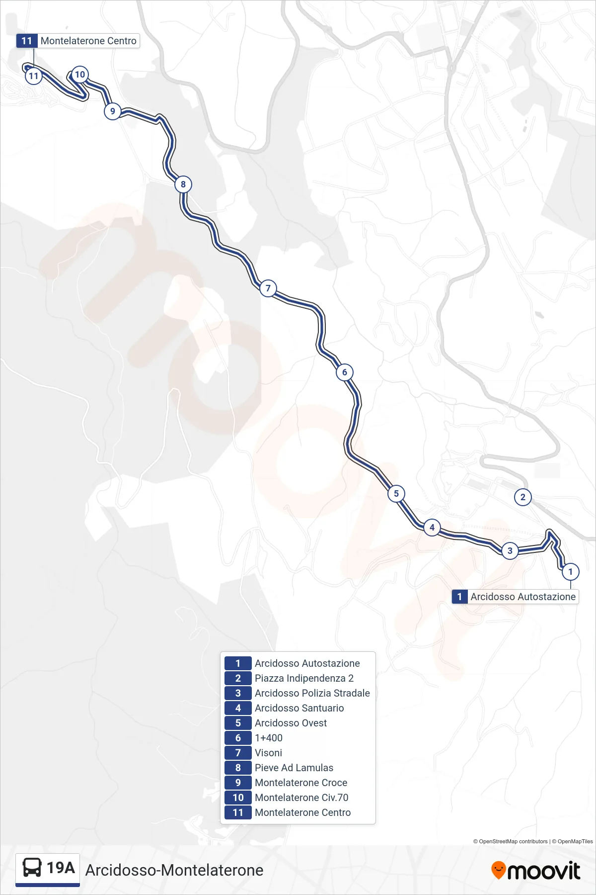Linea 19A bus (Montelaterone Centro) - Percorsi e fermate sulla mappa