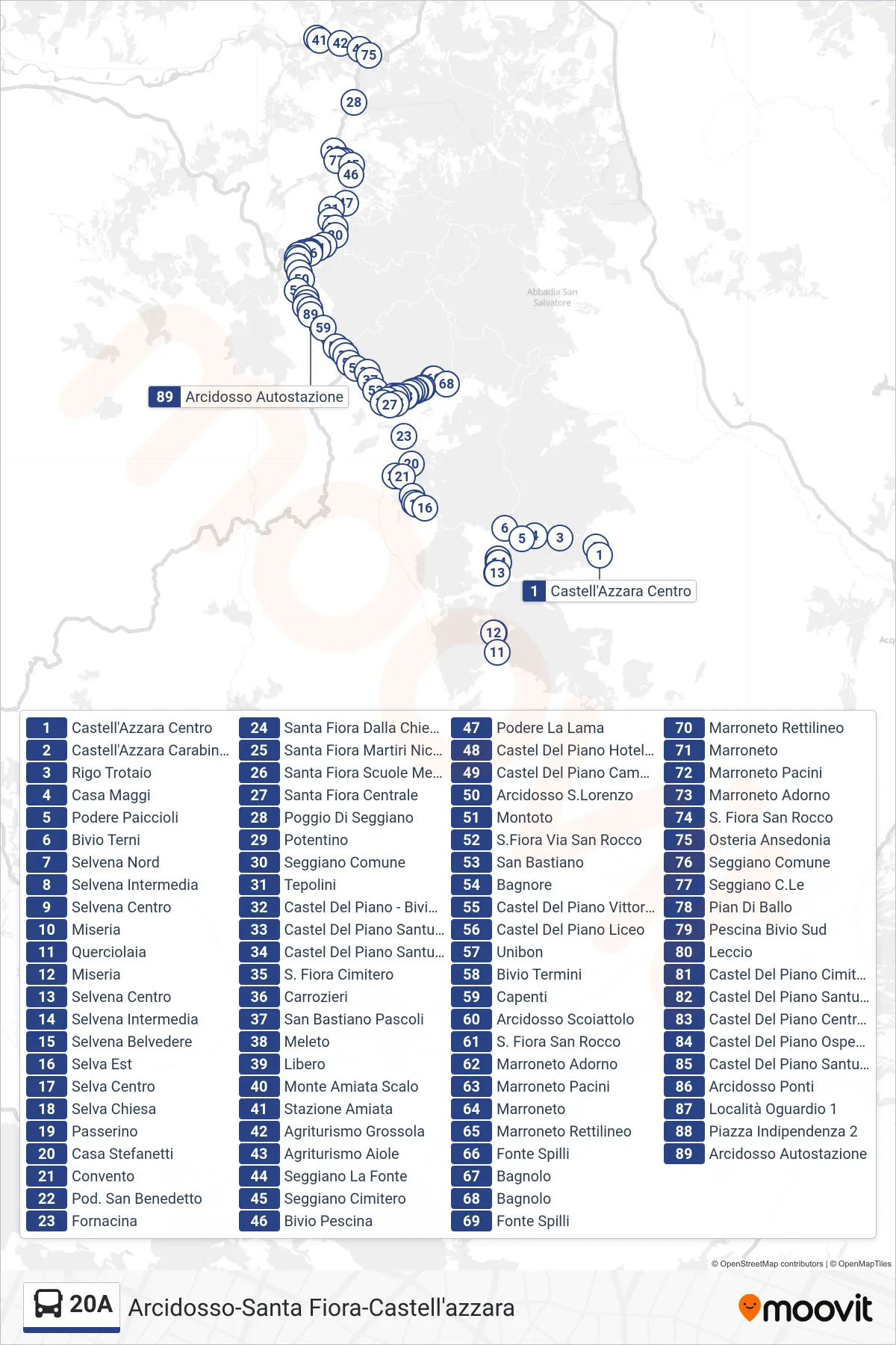 Linea 20A bus (Arcidosso Autostazione) - Percorsi e fermate sulla mappa