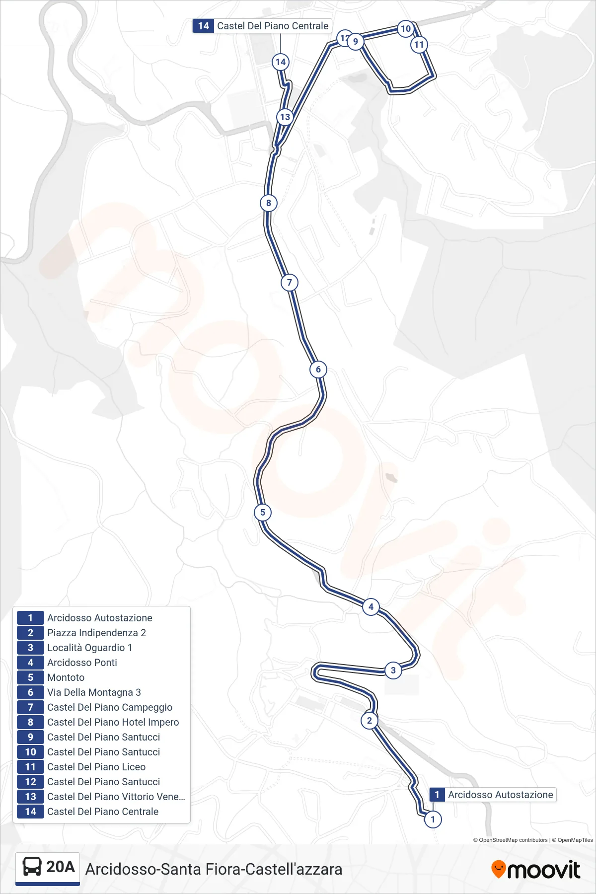 Linea 20A  bus (Castel Del Piano Centrale) - Percorsi e fermate sulla mappa