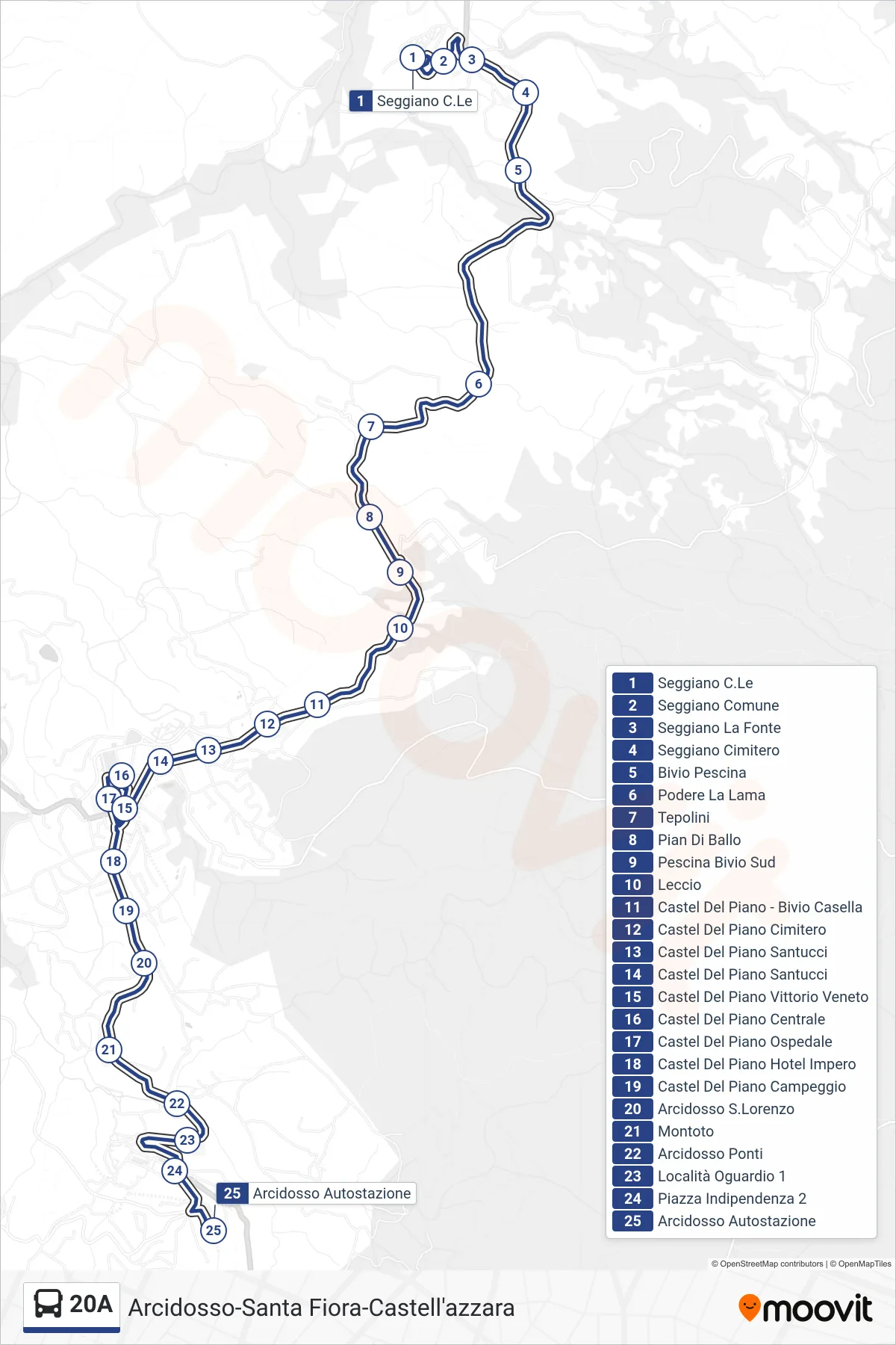 Linea 20A bus (Arcidosso Autostazione) - Percorsi e fermate sulla mappa