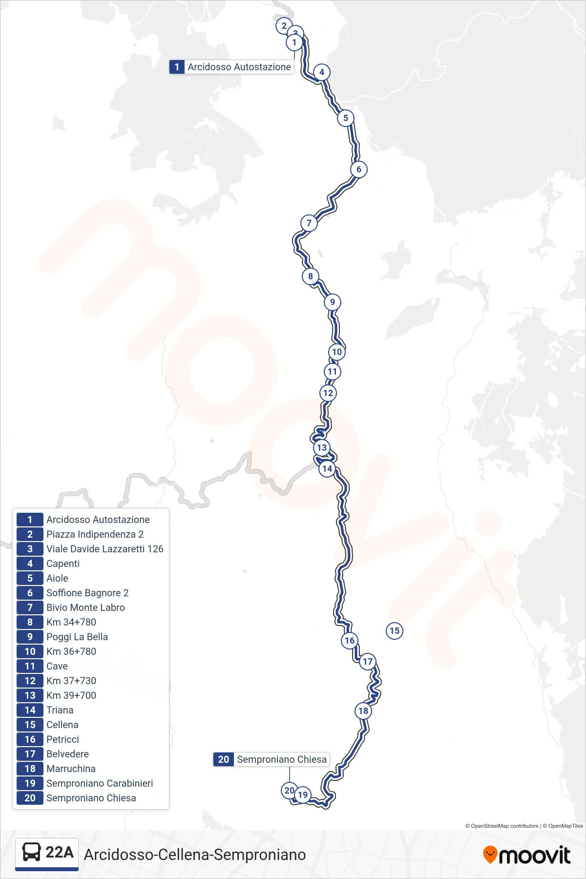 Linea 22A  bus (Semproniano Chiesa) - Percorsi e fermate sulla mappa