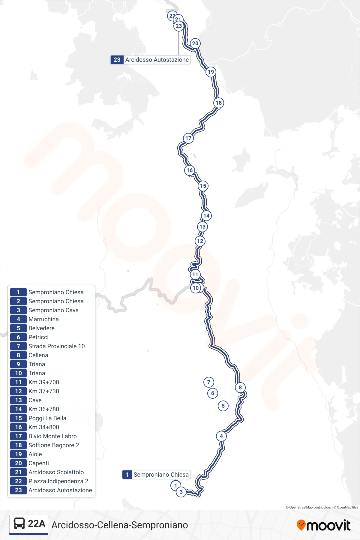 Linea 22A  bus (Arcidosso Autostazione) - Percorsi e fermate sulla mappa