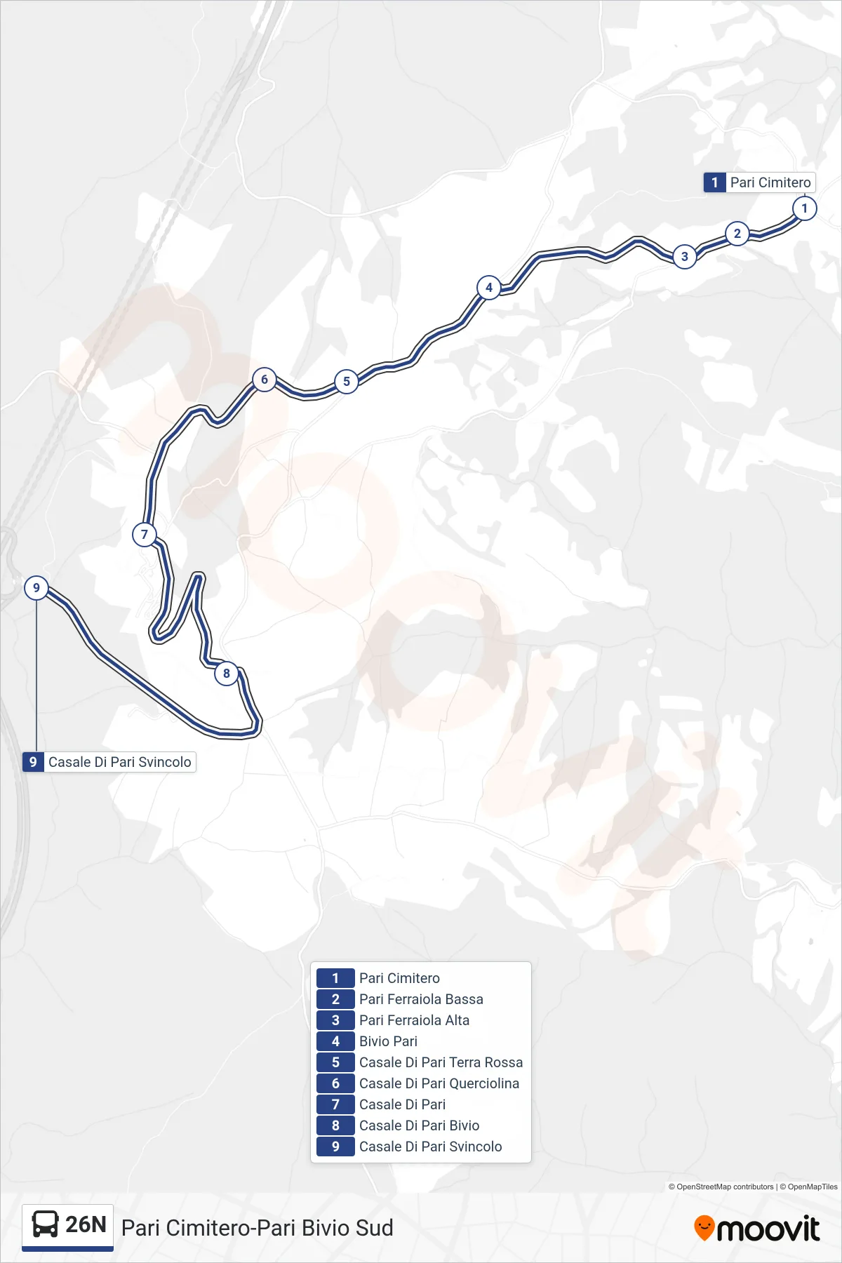 Linea 26N  bus (Casale Di Pari Svincolo) - Percorsi e fermate sulla mappa