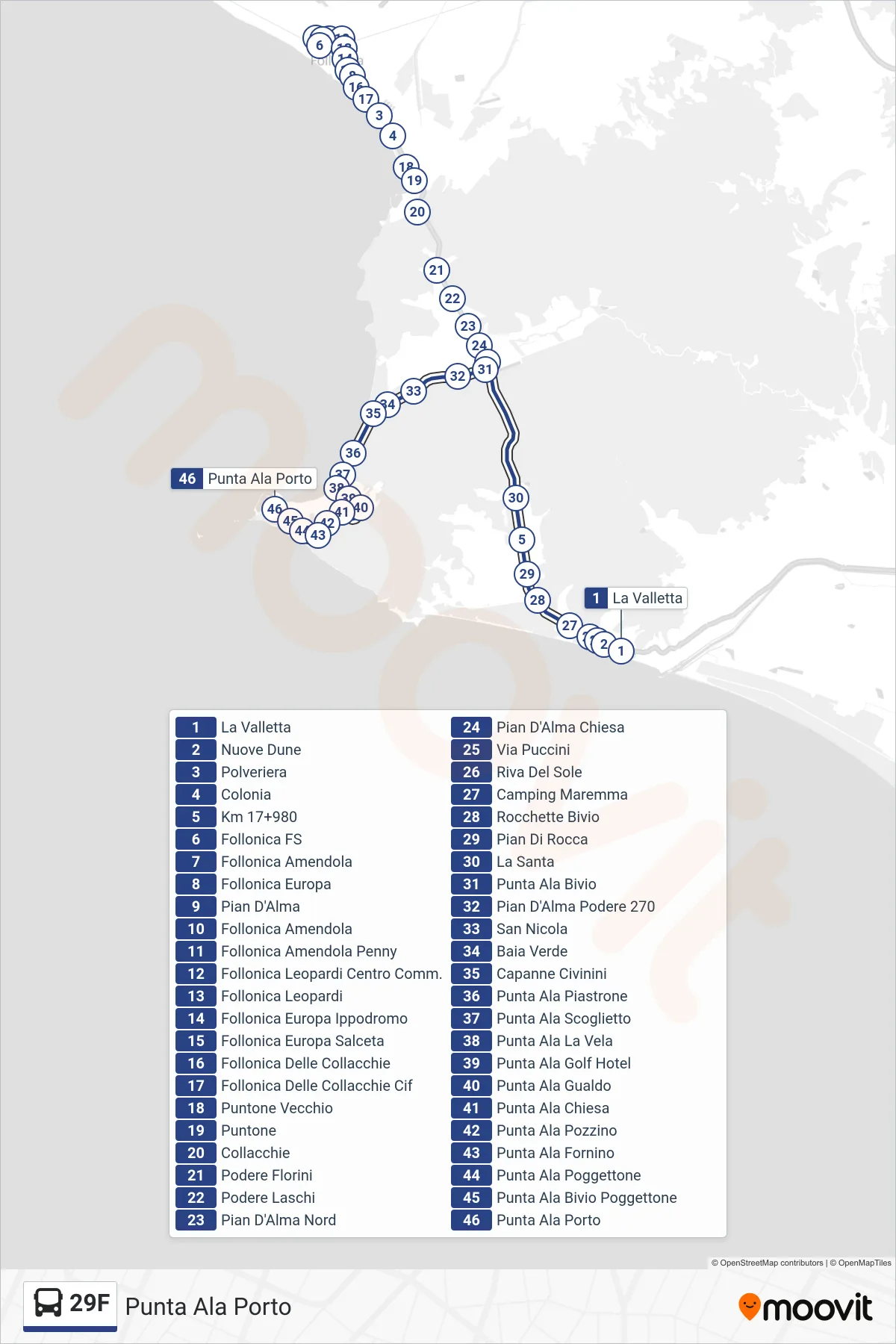 Linea 29F bus (Punta Ala Porto) - Percorsi e fermate sulla mappa