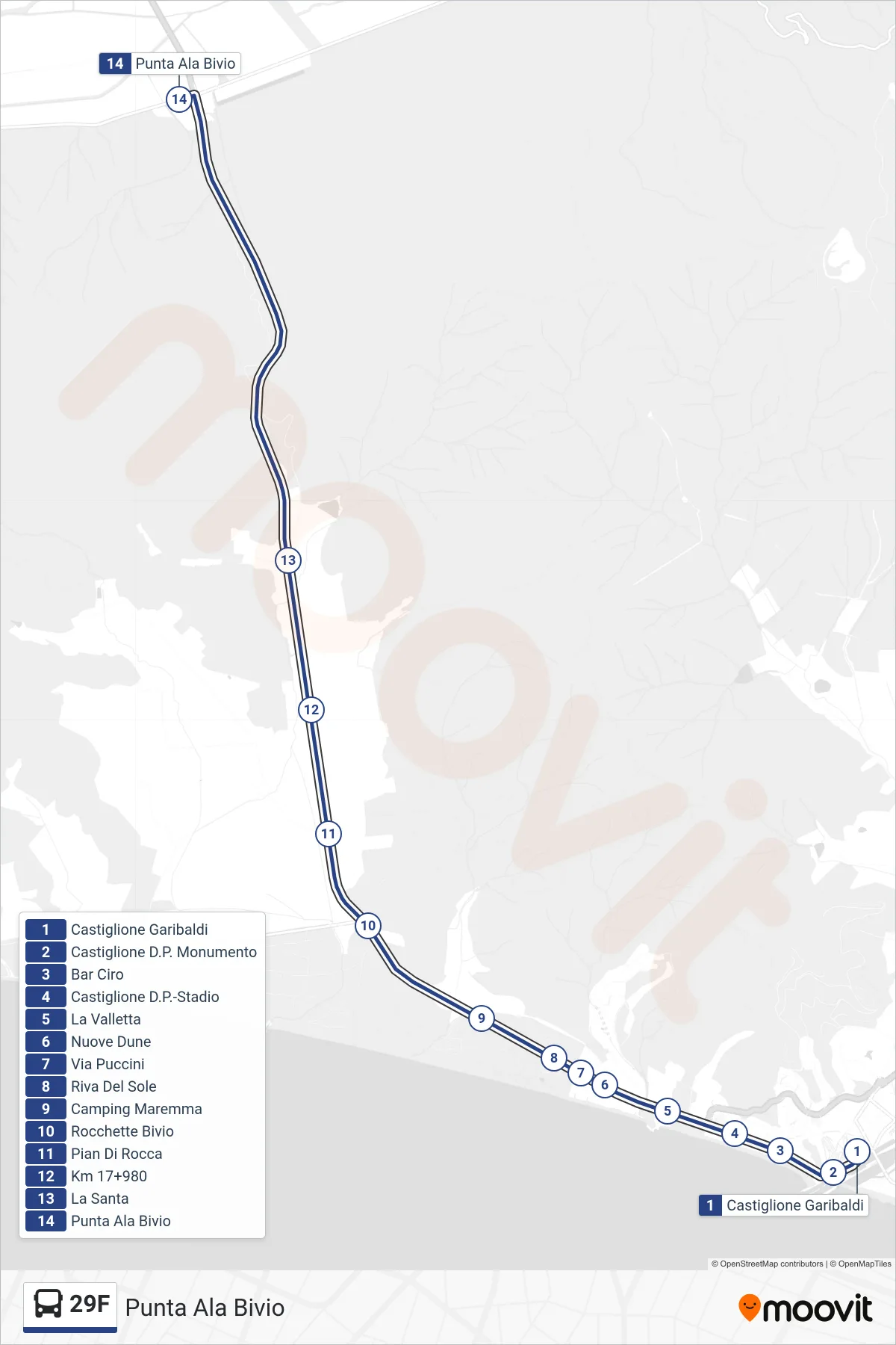 Linea 29F bus (Punta Ala Bivio) - Percorsi e fermate sulla mappa