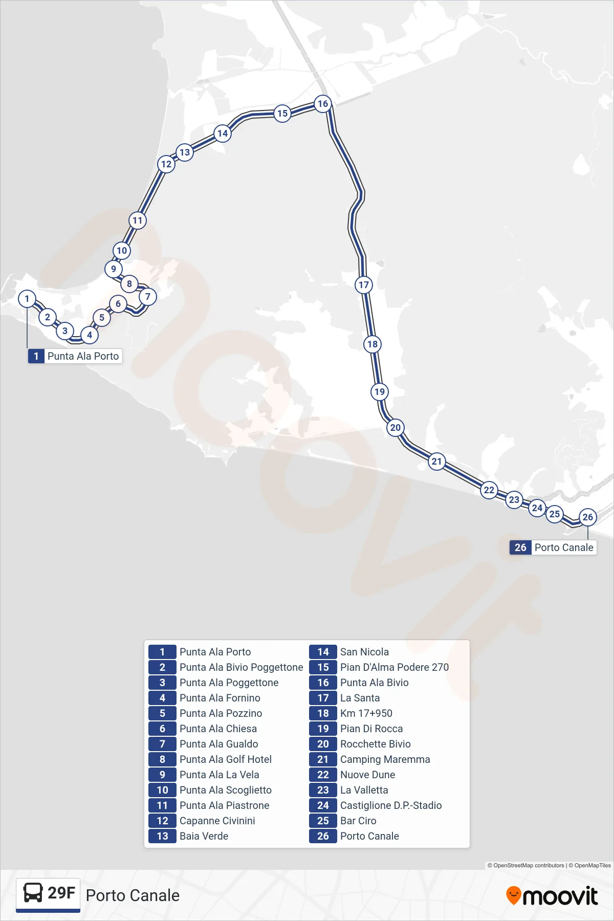 Linea 29F  bus (Porto Canale) - Percorsi e fermate sulla mappa