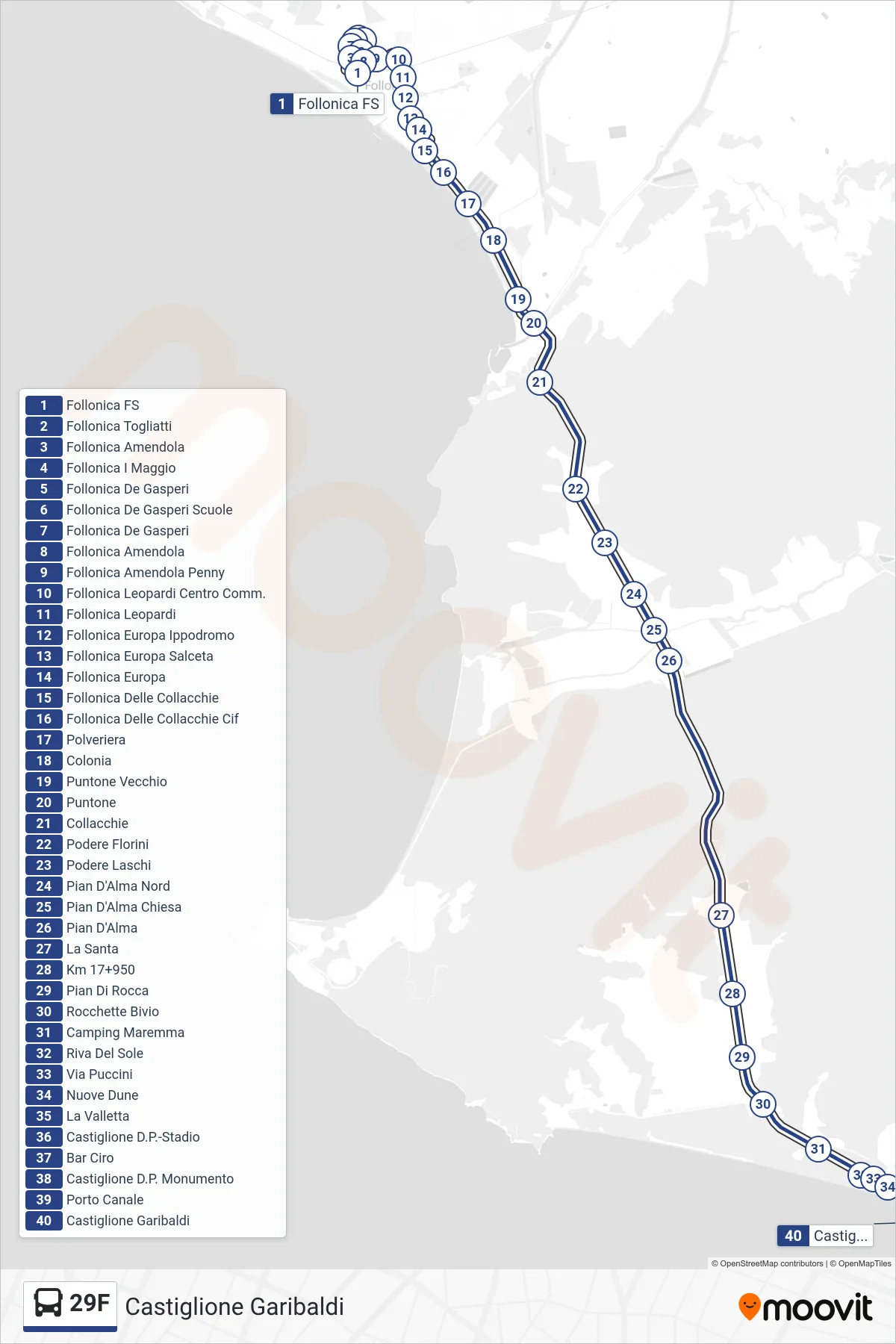 Linea 29F bus (Castiglione Garibaldi) - Percorsi e fermate sulla mappa