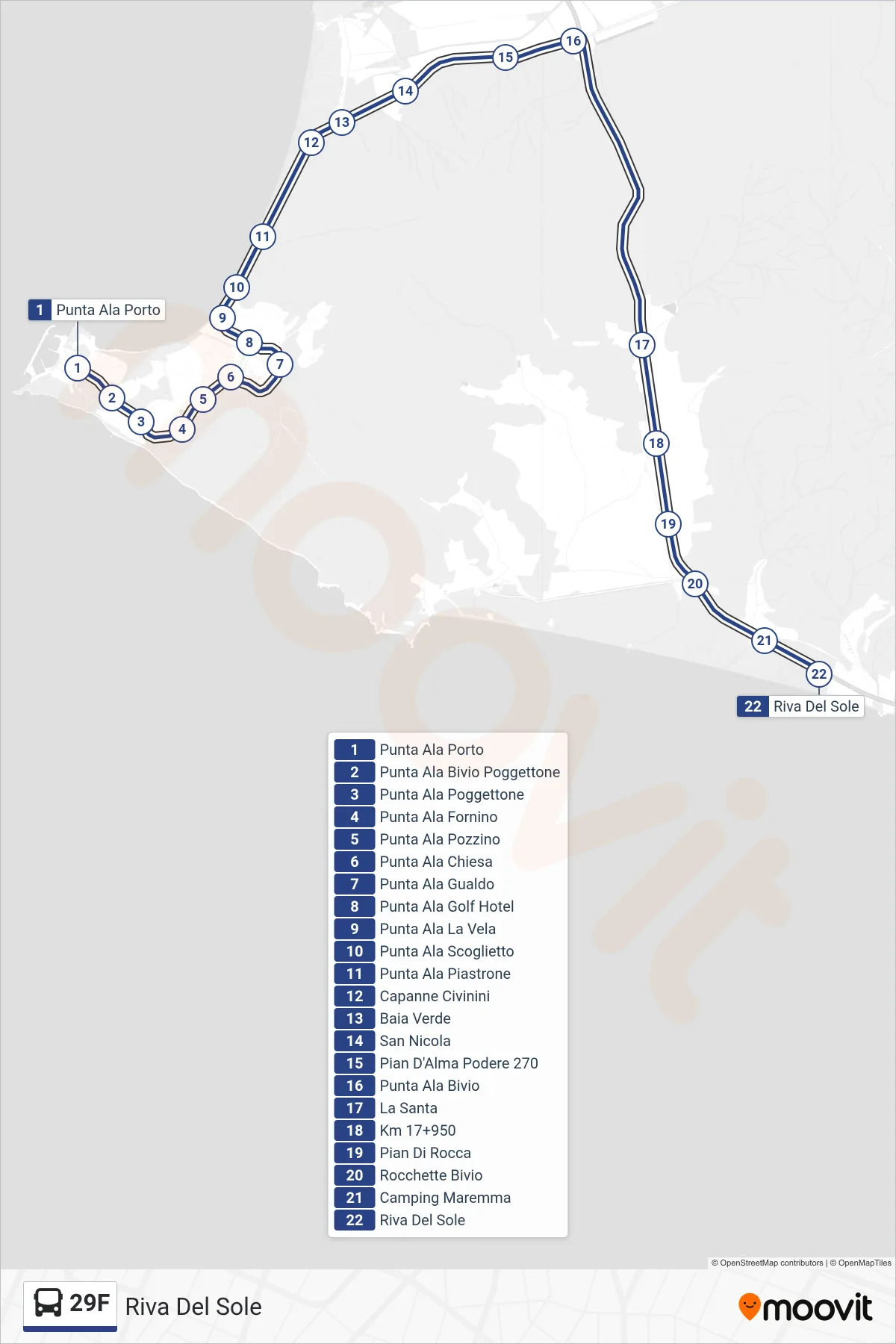 Linea 29F  bus (Riva Del Sole) - Percorsi e fermate sulla mappa