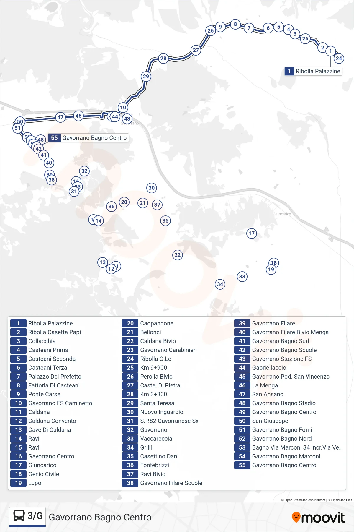 Linea 3/G  bus (Gavorrano Bagno Centro) - Percorsi e fermate sulla mappa