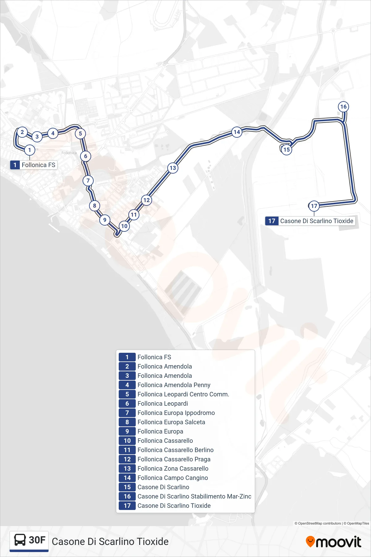 Linea 30F bus (Casone Di Scarlino Tioxide) - Percorsi e fermate sulla mappa