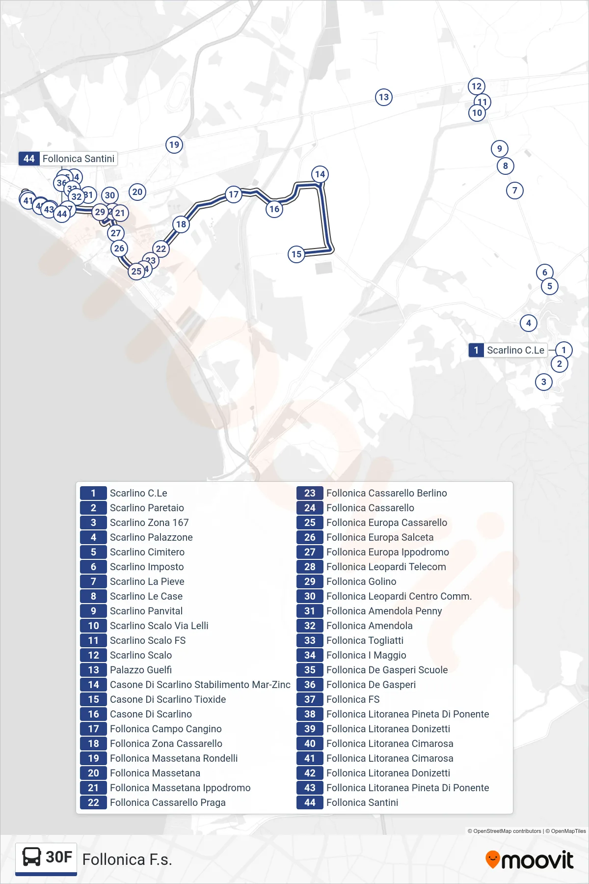 Linea 30F bus (Follonica F.s.) - Percorsi e fermate sulla mappa