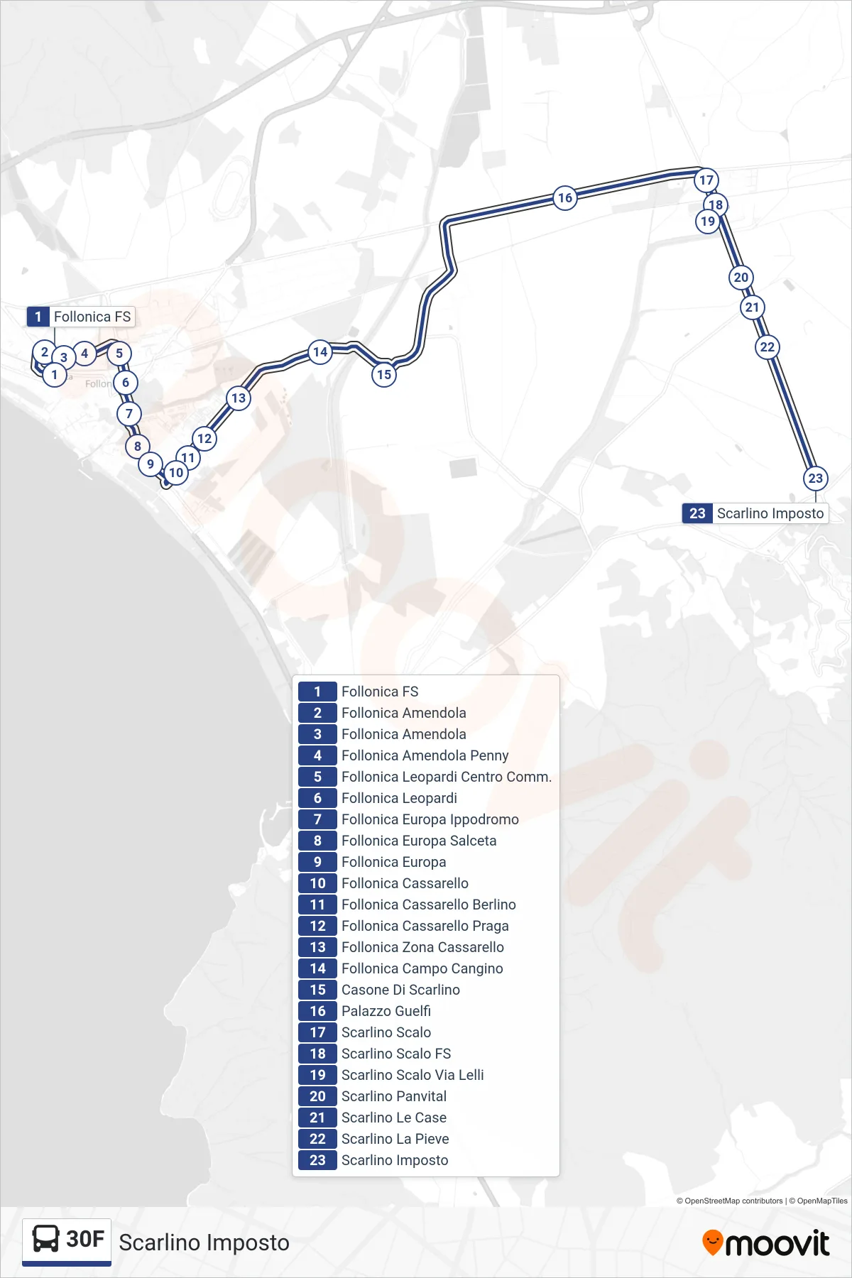 Linea 30F  bus (Scarlino Imposto) - Percorsi e fermate sulla mappa