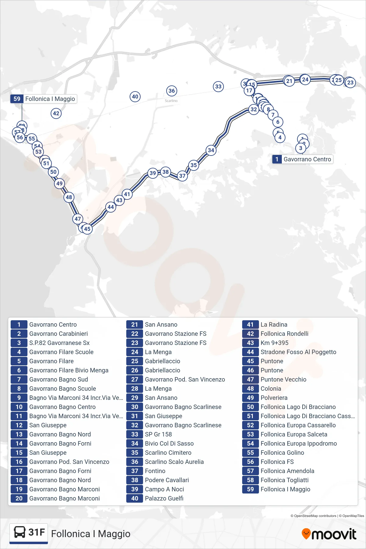 Linea 31F bus (Follonica I Maggio) - Percorsi e fermate sulla mappa