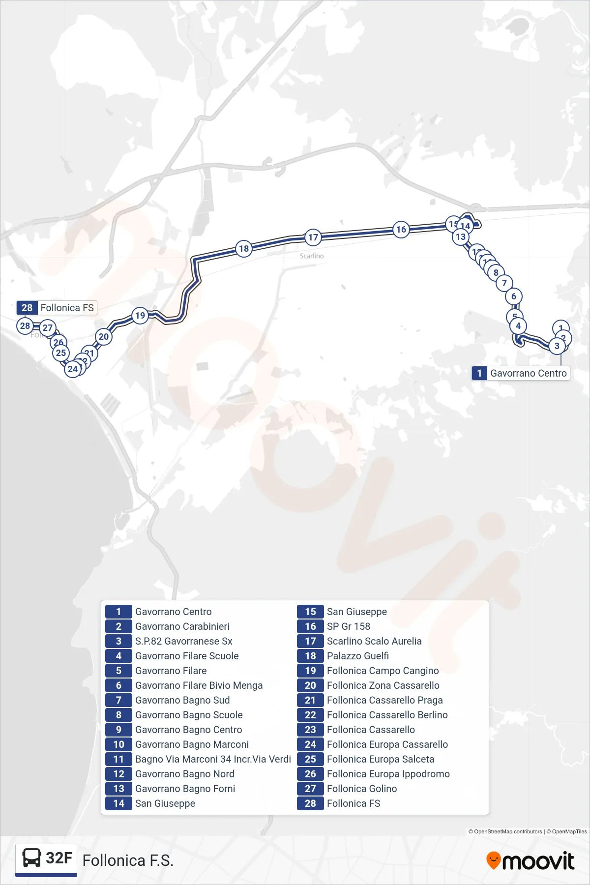 Linea 32F bus (Follonica F.S.) - Percorsi e fermate sulla mappa