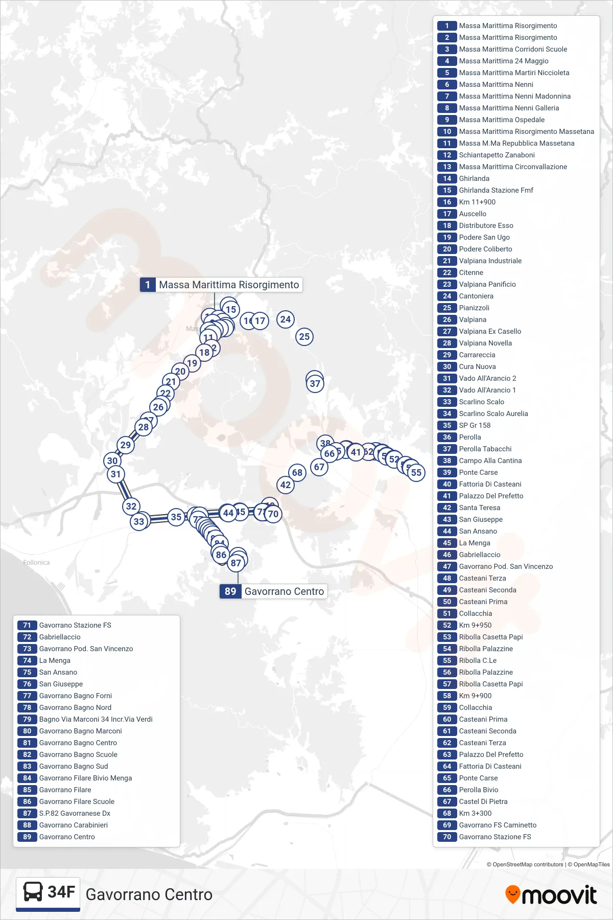 Linea 34F bus (Gavorrano Centro) - Percorsi e fermate sulla mappa