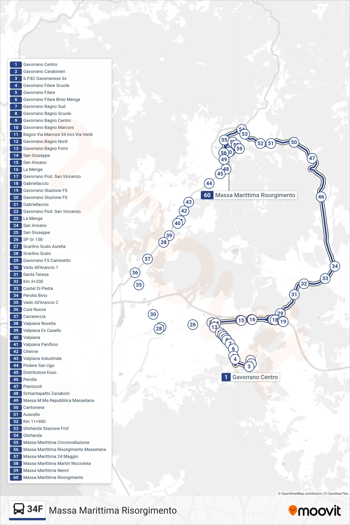 Linea 34F bus (Massa Marittima Risorgimento) - Percorsi e fermate sulla mappa