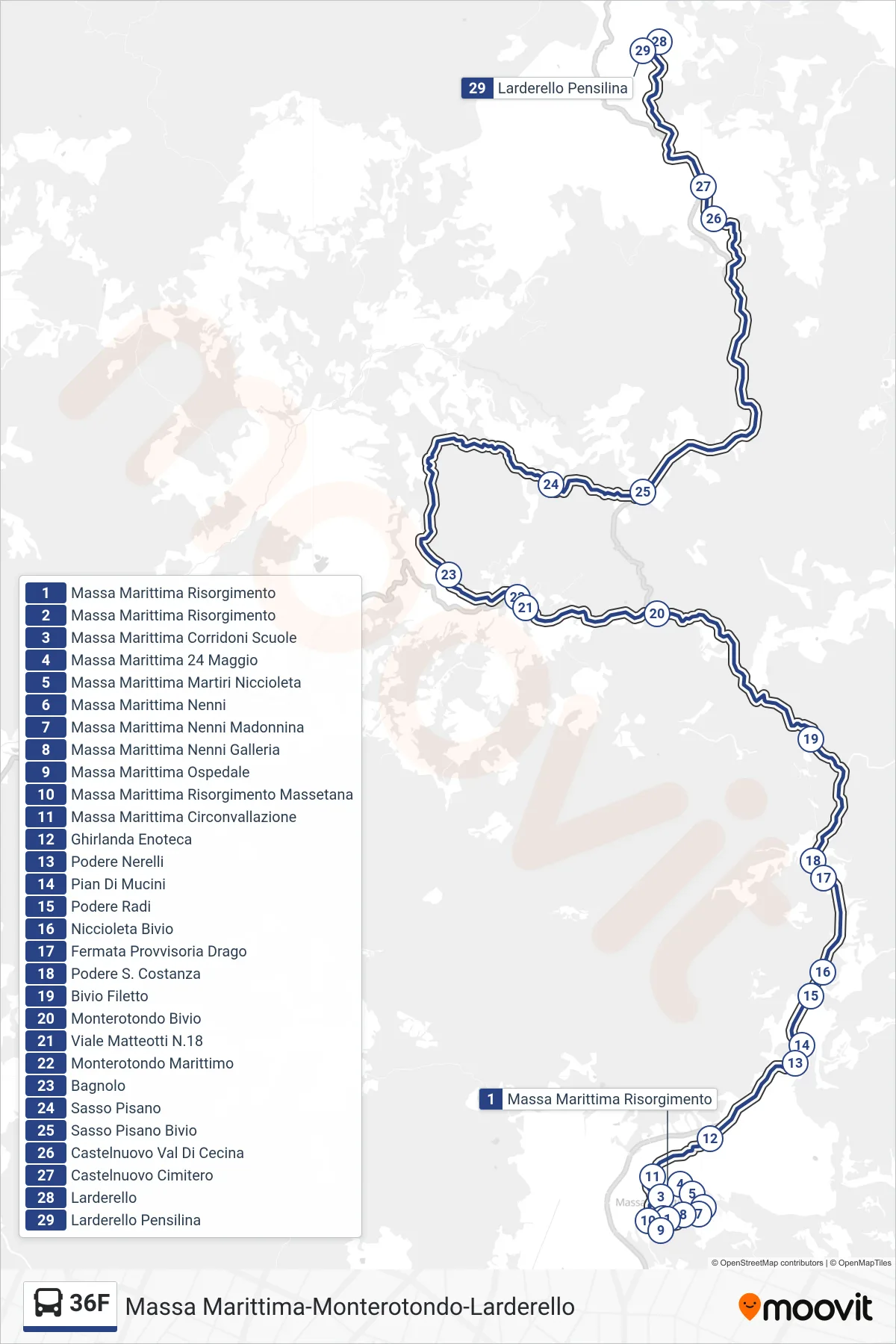 Linea 36F bus (Larderello Pensilina) - Percorsi e fermate sulla mappa