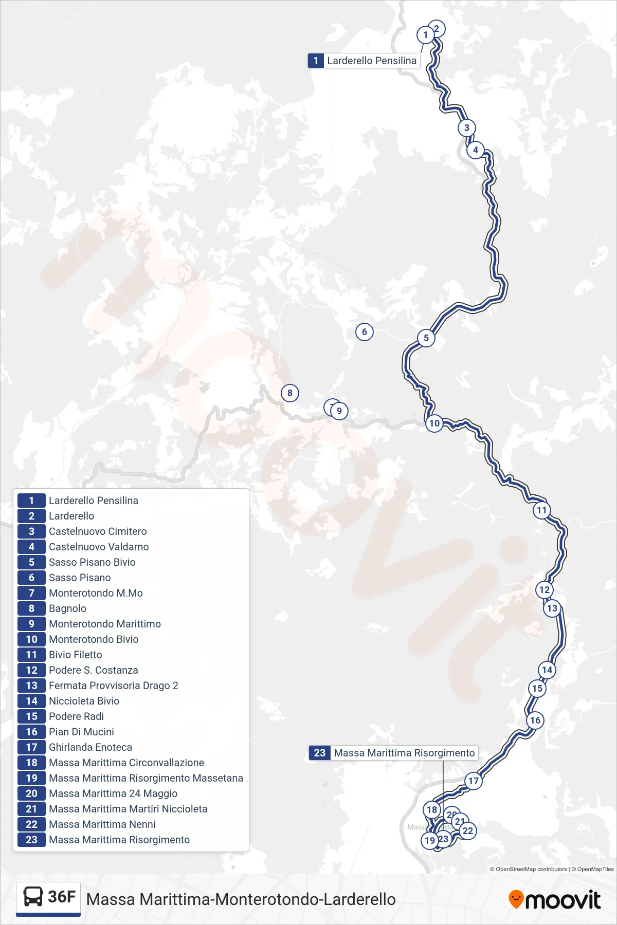 Linea 36F bus (Massa Marittima Risorgimento) - Percorsi e fermate sulla mappa