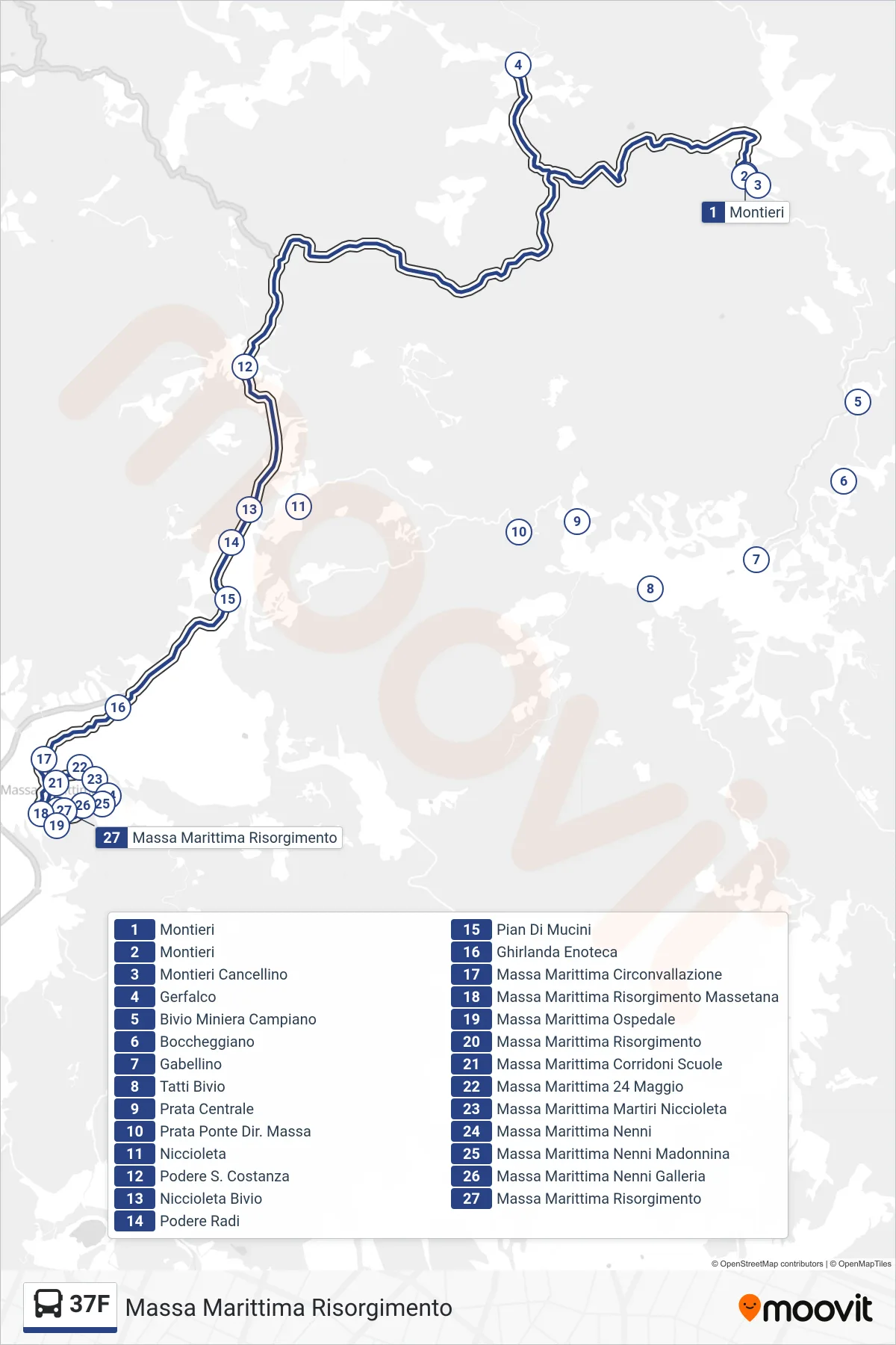 Linea 37F  bus (Massa Marittima Risorgimento) - Percorsi e fermate sulla mappa