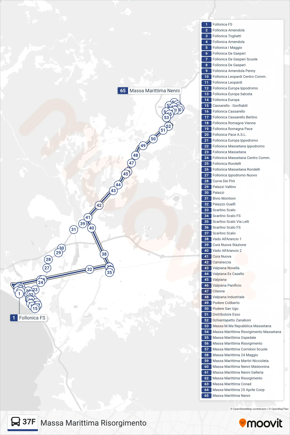 Linea 37F bus (Massa Marittima Risorgimento) - Percorsi e fermate sulla mappa