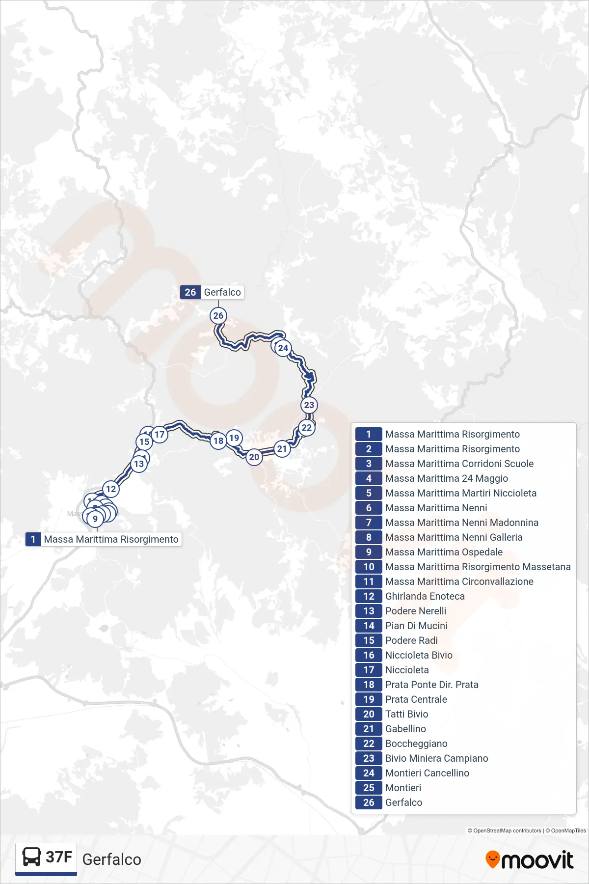 Linea 37F bus (Gerfalco) - Percorsi e fermate sulla mappa